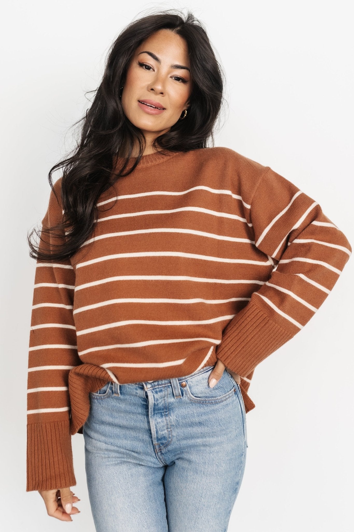 Emerson Stripe Knit Sweater | Dark Camel + Ivory - Baltic Born