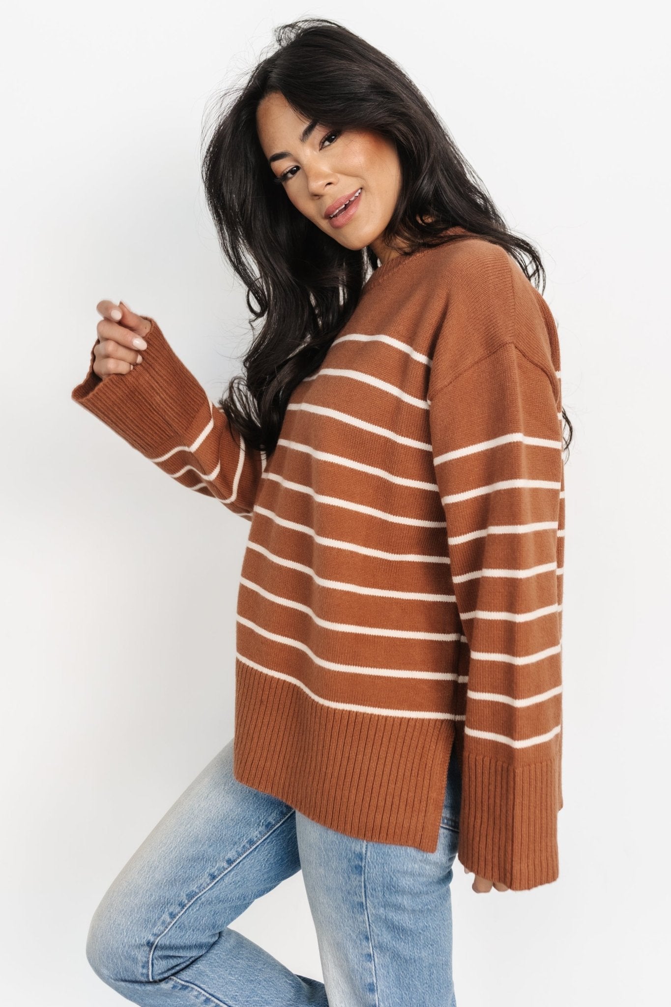 Emerson Stripe Knit Sweater | Dark Camel + Ivory - Baltic Born