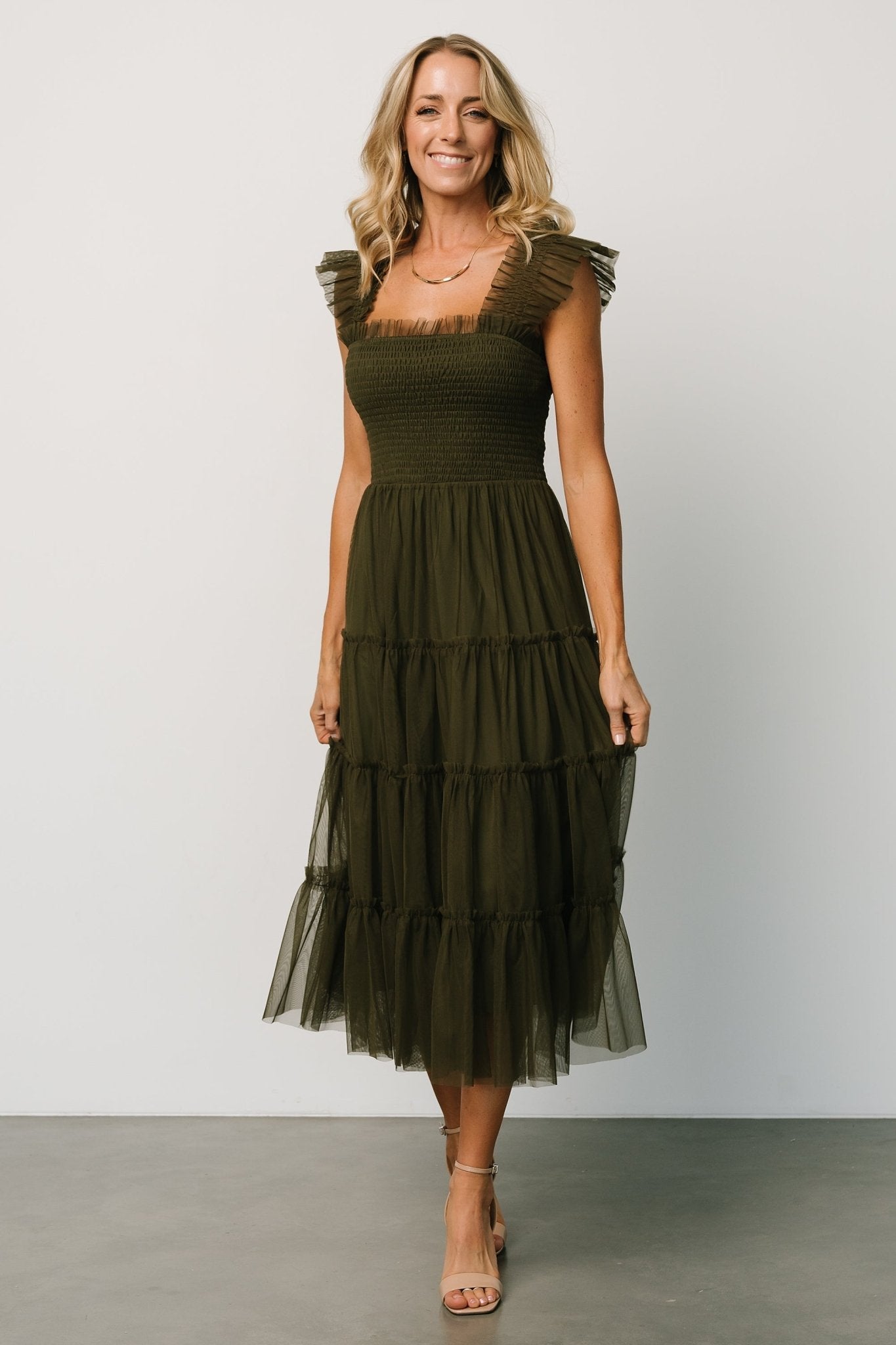 Emma Smocked Tulle Dress | Dark Olive - Baltic Born