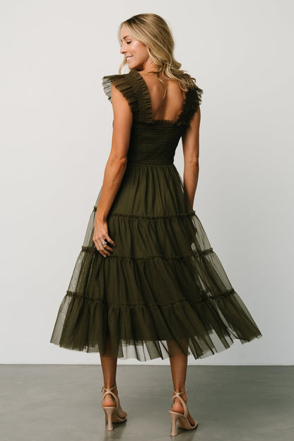 Emma Smocked Tulle Dress | Dark Olive - Baltic Born