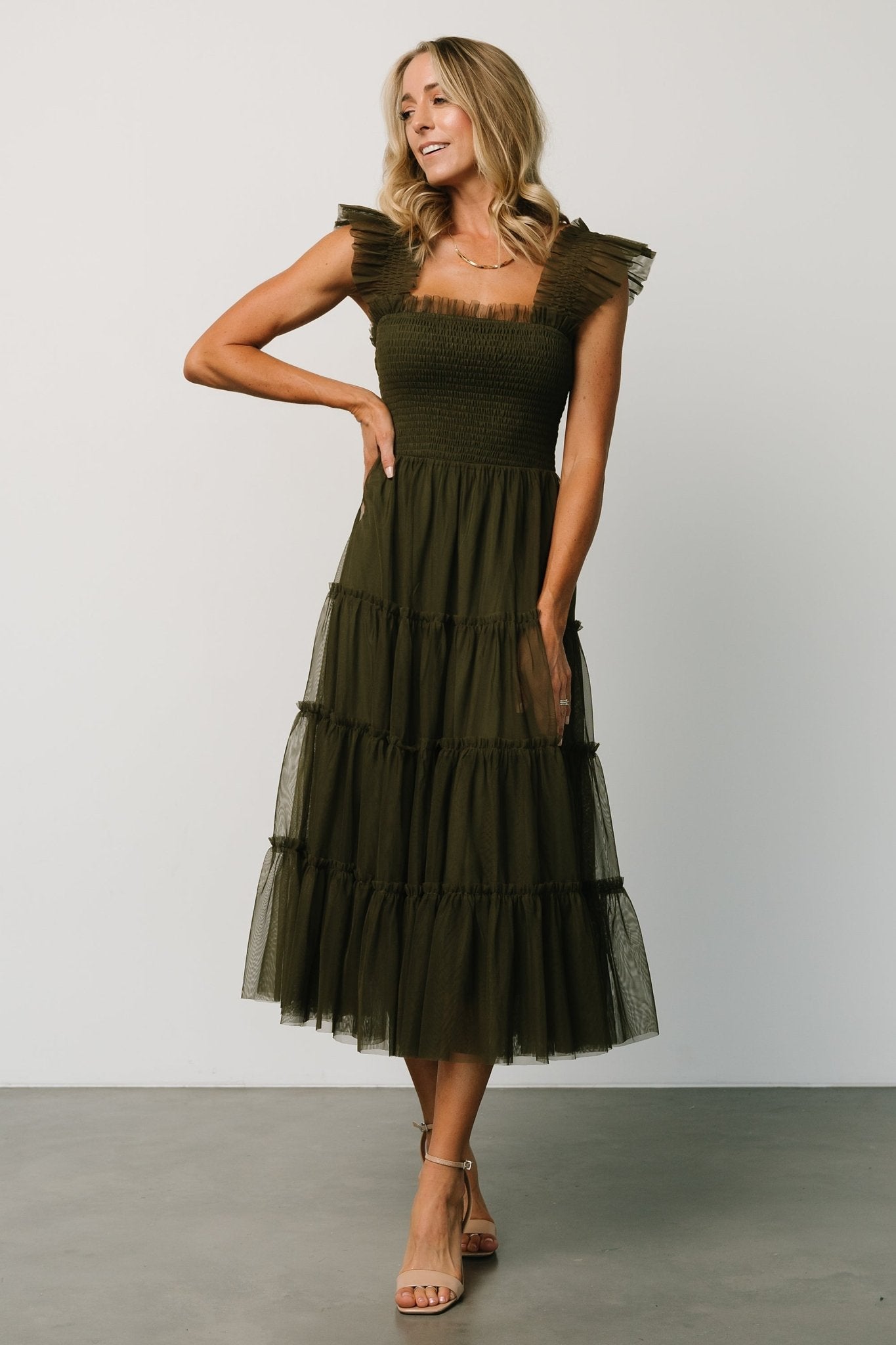 Emma Smocked Tulle Dress | Dark Olive - Baltic Born