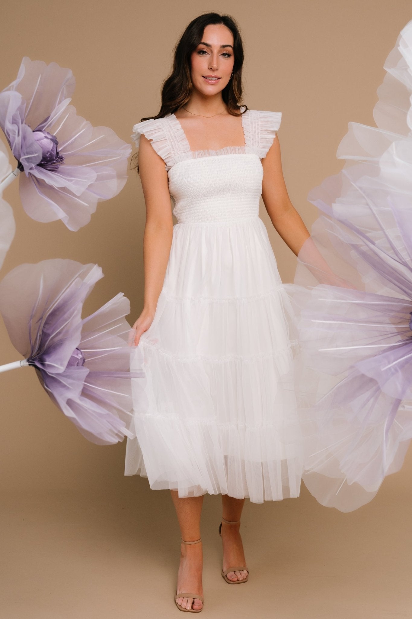 Emma Smocked Tulle Dress | Taupe