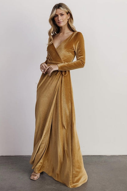 Esmerelda Velvet Wrap Maxi Dress | Gold - Baltic Born