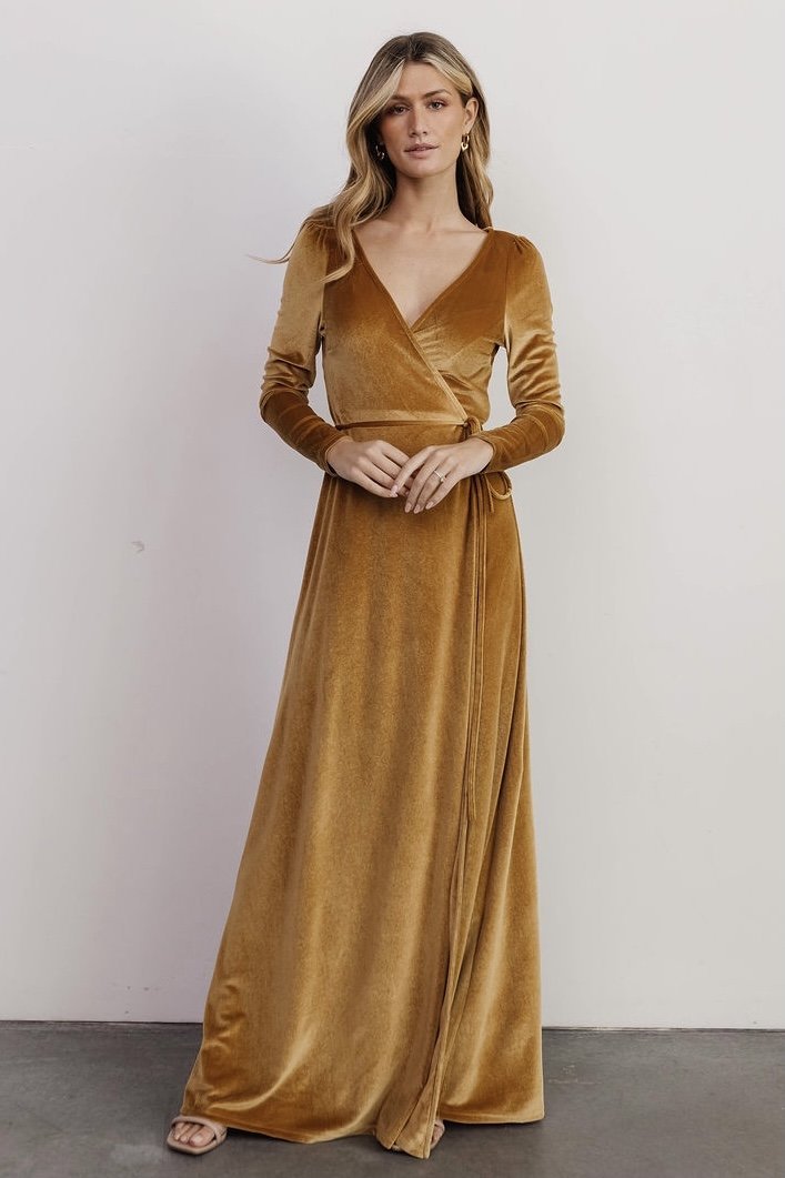 Esmerelda Velvet Wrap Maxi Dress | Gold - Baltic Born