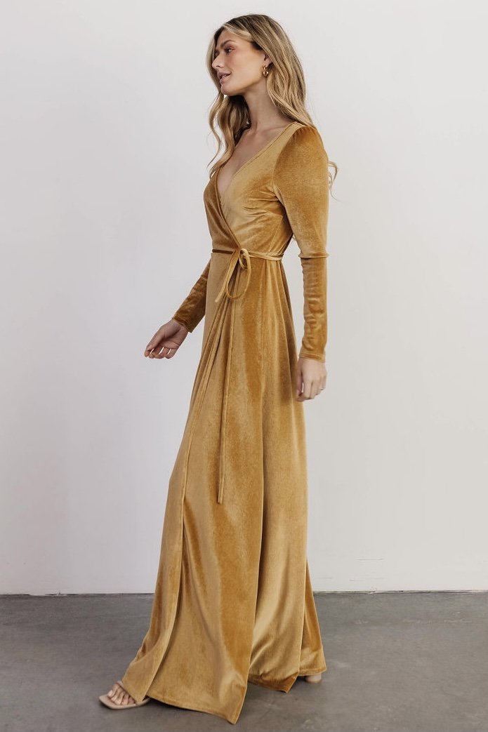 Esmerelda Velvet Wrap Maxi Dress | Gold - Baltic Born