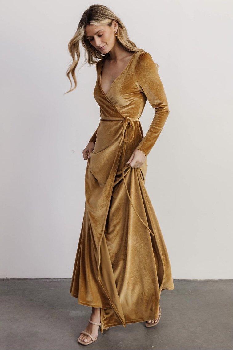 Esmerelda Velvet Wrap Maxi Dress | Gold - Baltic Born