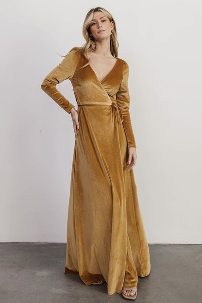 Esmerelda Velvet Wrap Maxi Dress | Gold - Baltic Born