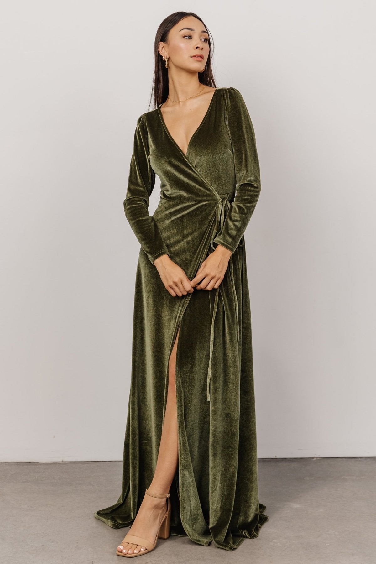 OLIVE WRAP VELVET DRESS WITH STUDDED BELT