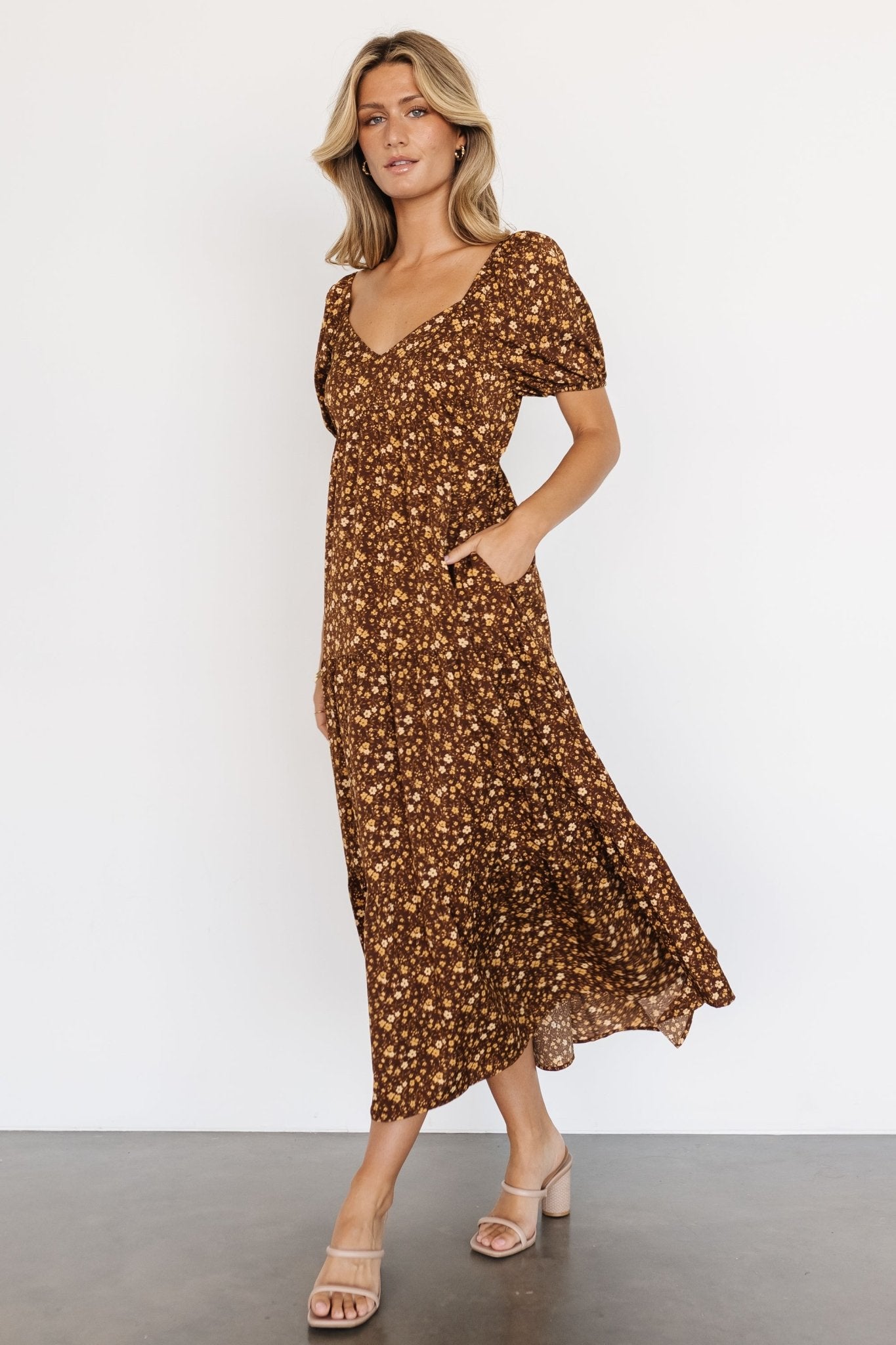 Gables Puff Sleeve Maxi Dress | Brown Multi - Baltic Born