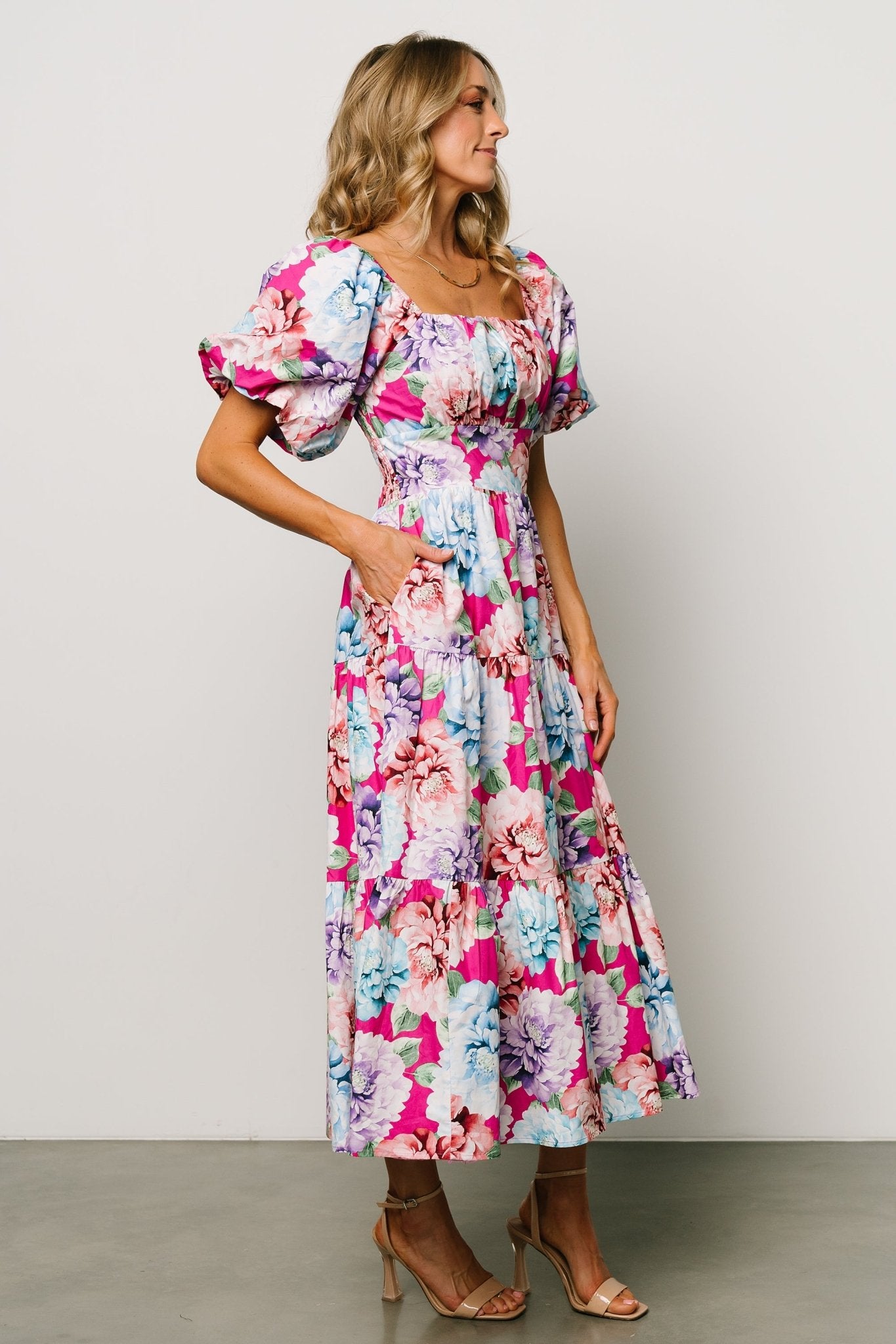 Iva Puff Sleeve Midi Dress | Fuchsia Multi Floral - Baltic Born