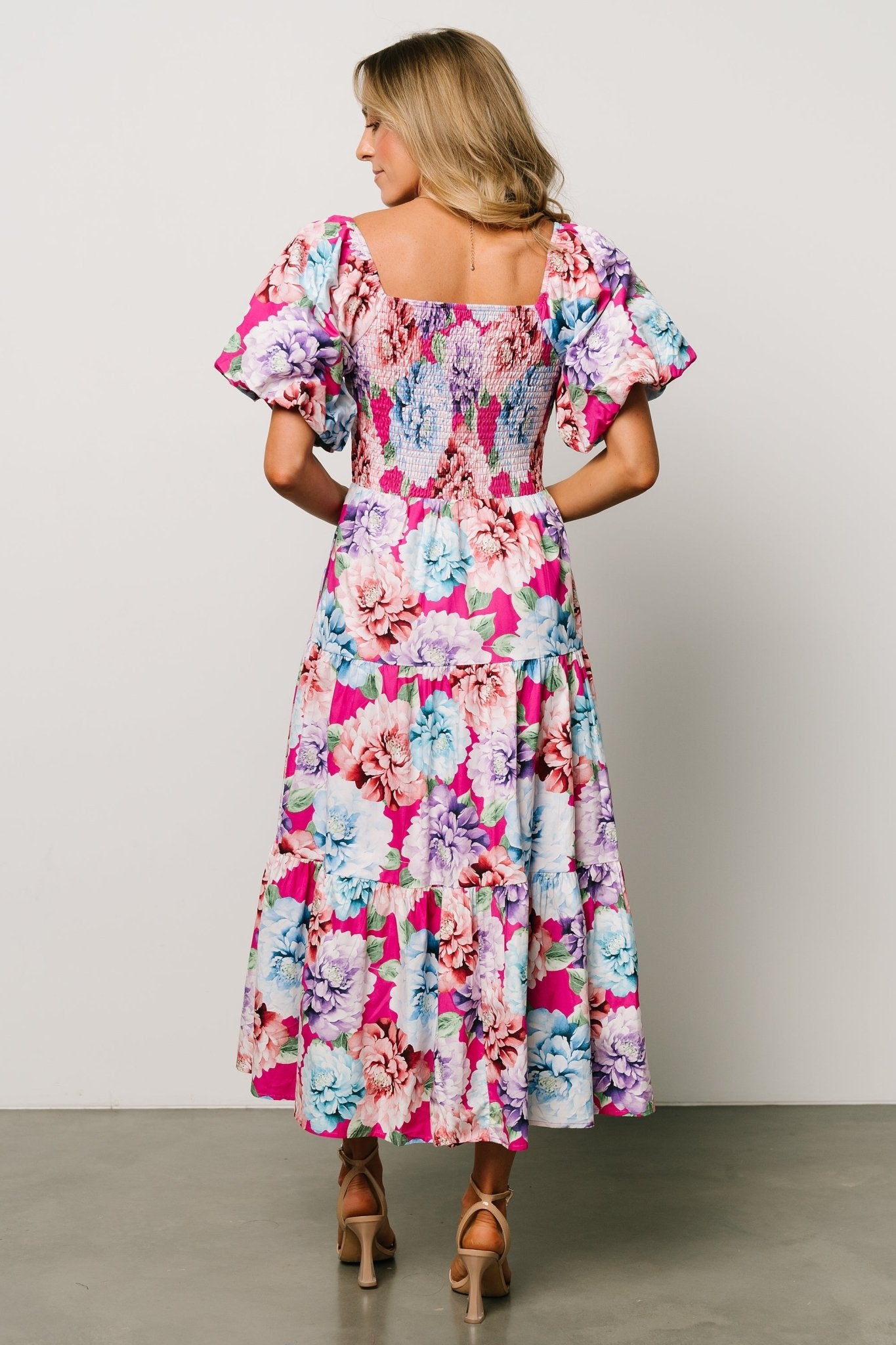 Iva Puff Sleeve Midi Dress | Fuchsia Multi Floral - Baltic Born