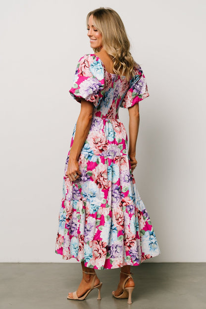 Iva Puff Sleeve Midi Dress | Fuchsia Multi Floral - Baltic Born