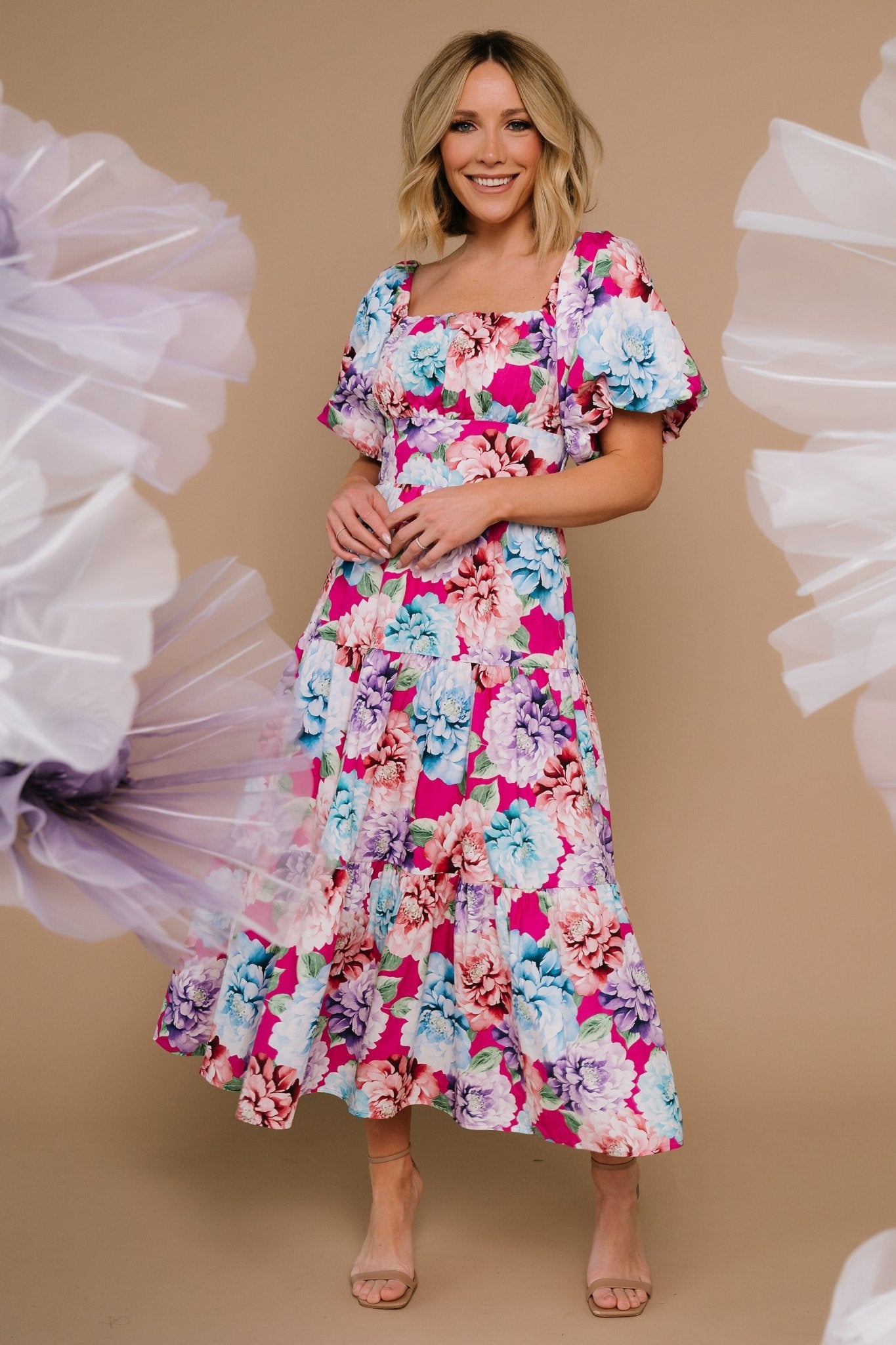 Pink floral puff sleeve dress sales