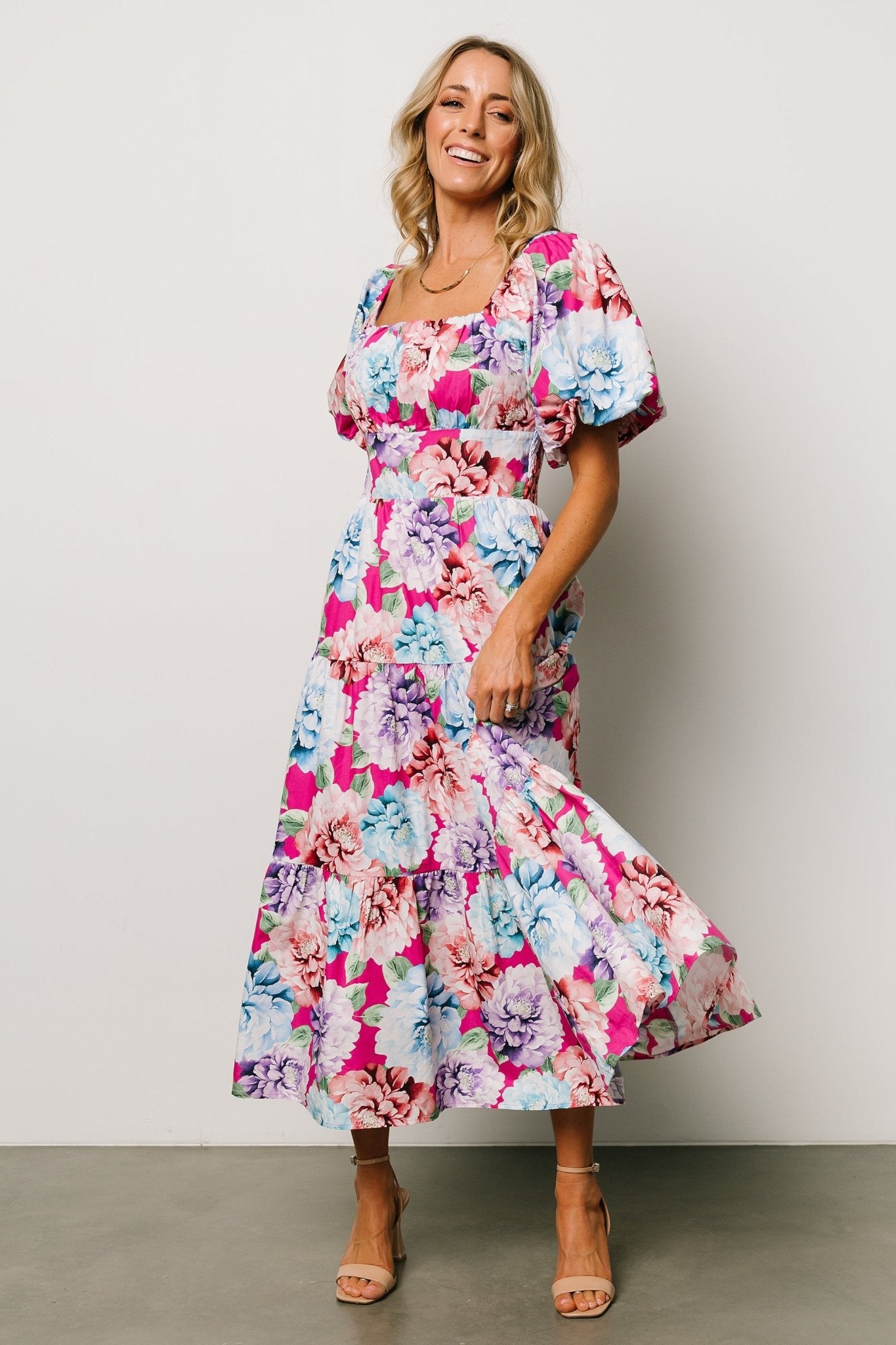 Iva Puff Sleeve Midi Dress | Fuchsia Multi Floral - Baltic Born