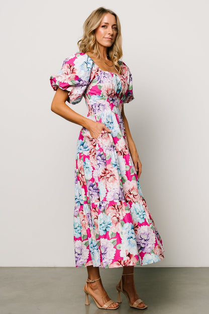 Iva Puff Sleeve Midi Dress | Fuchsia Multi Floral - Baltic Born