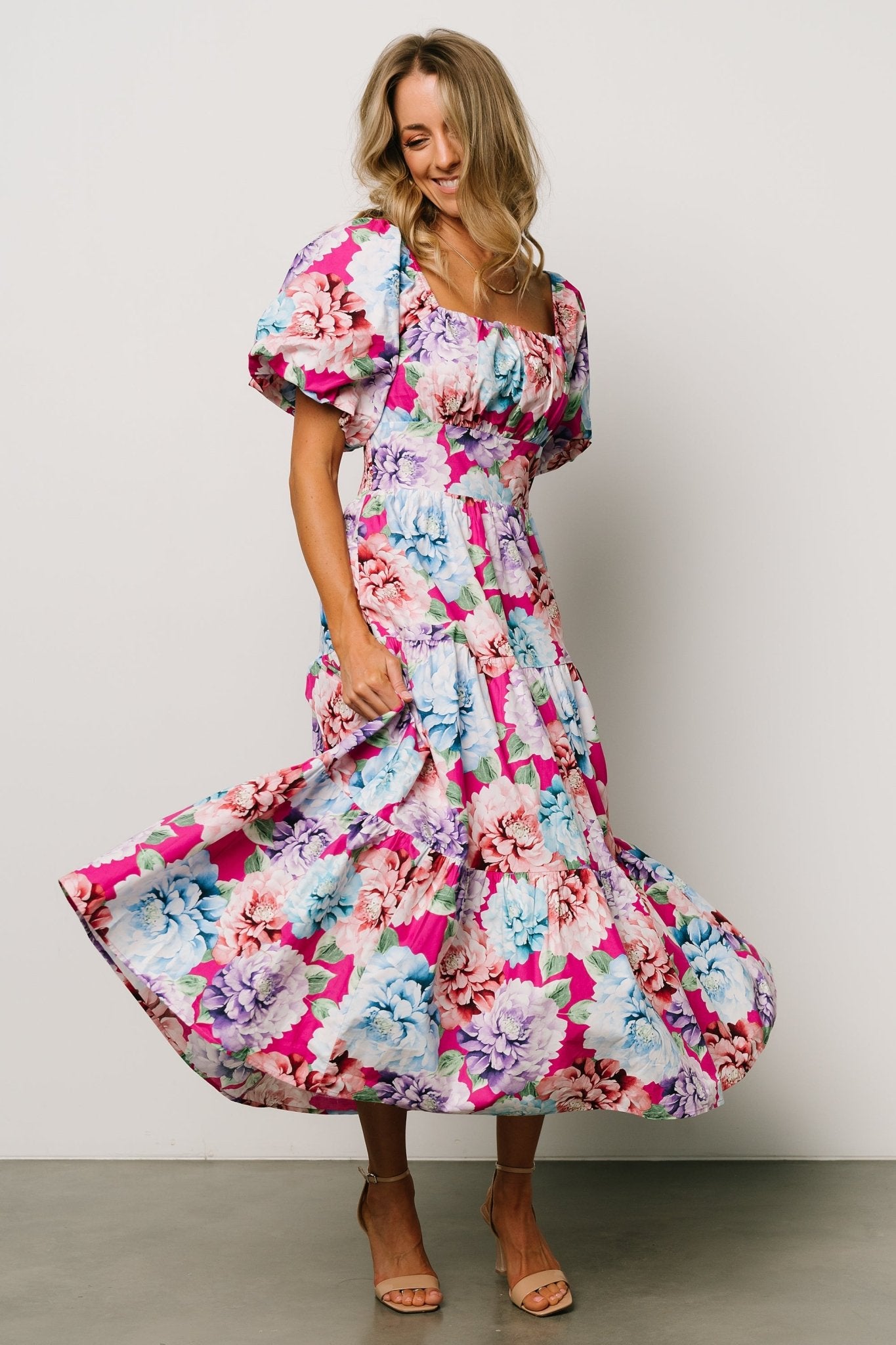 Iva Puff Sleeve Midi Dress | Fuchsia Multi Floral - Baltic Born