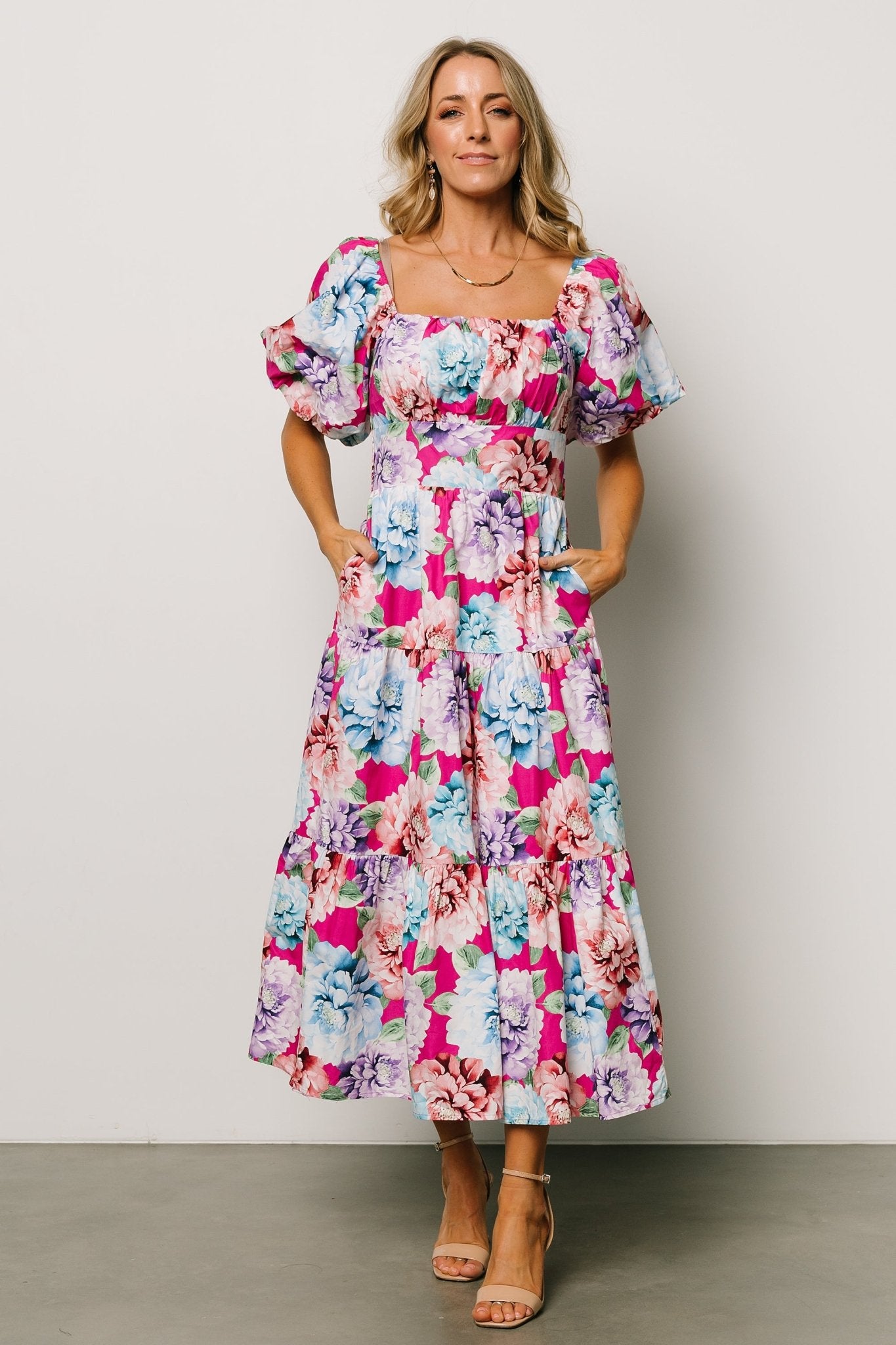 Iva Puff Sleeve Midi Dress | Fuchsia Multi Floral - Baltic Born