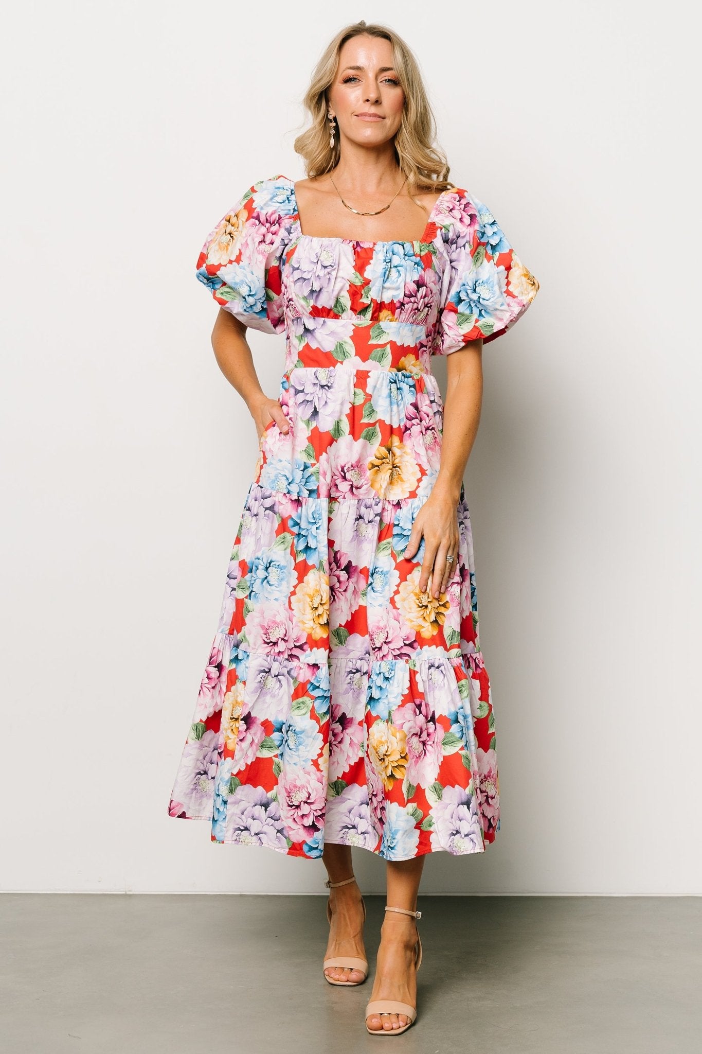 Iva Puff Sleeve Midi Dress | Red Multi Floral - Baltic Born