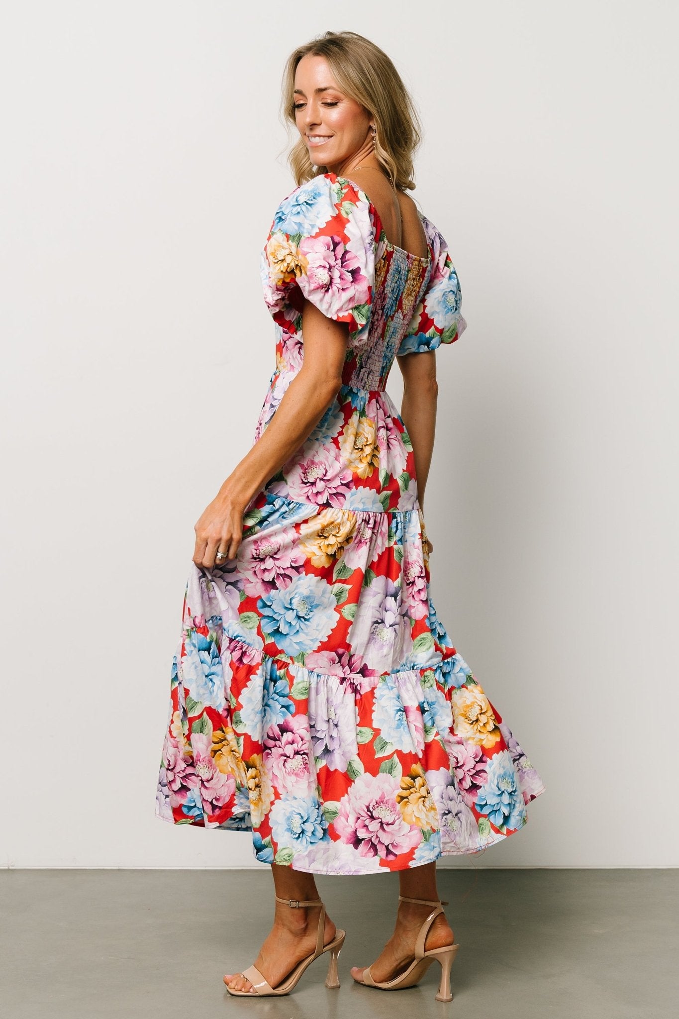 Iva Puff Sleeve Midi Dress | Red Multi Floral - Baltic Born