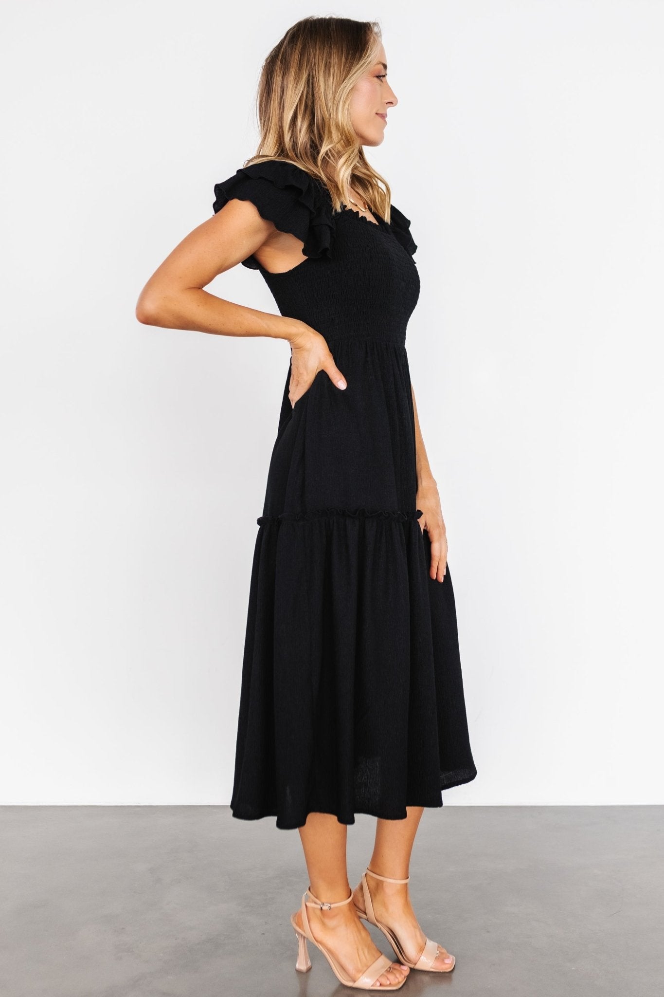 Jacie Smocked Midi Dress | Black - Baltic Born