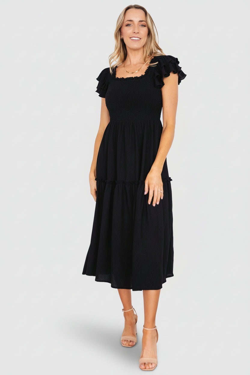 Jacie Smocked Midi Dress | Black - Baltic Born