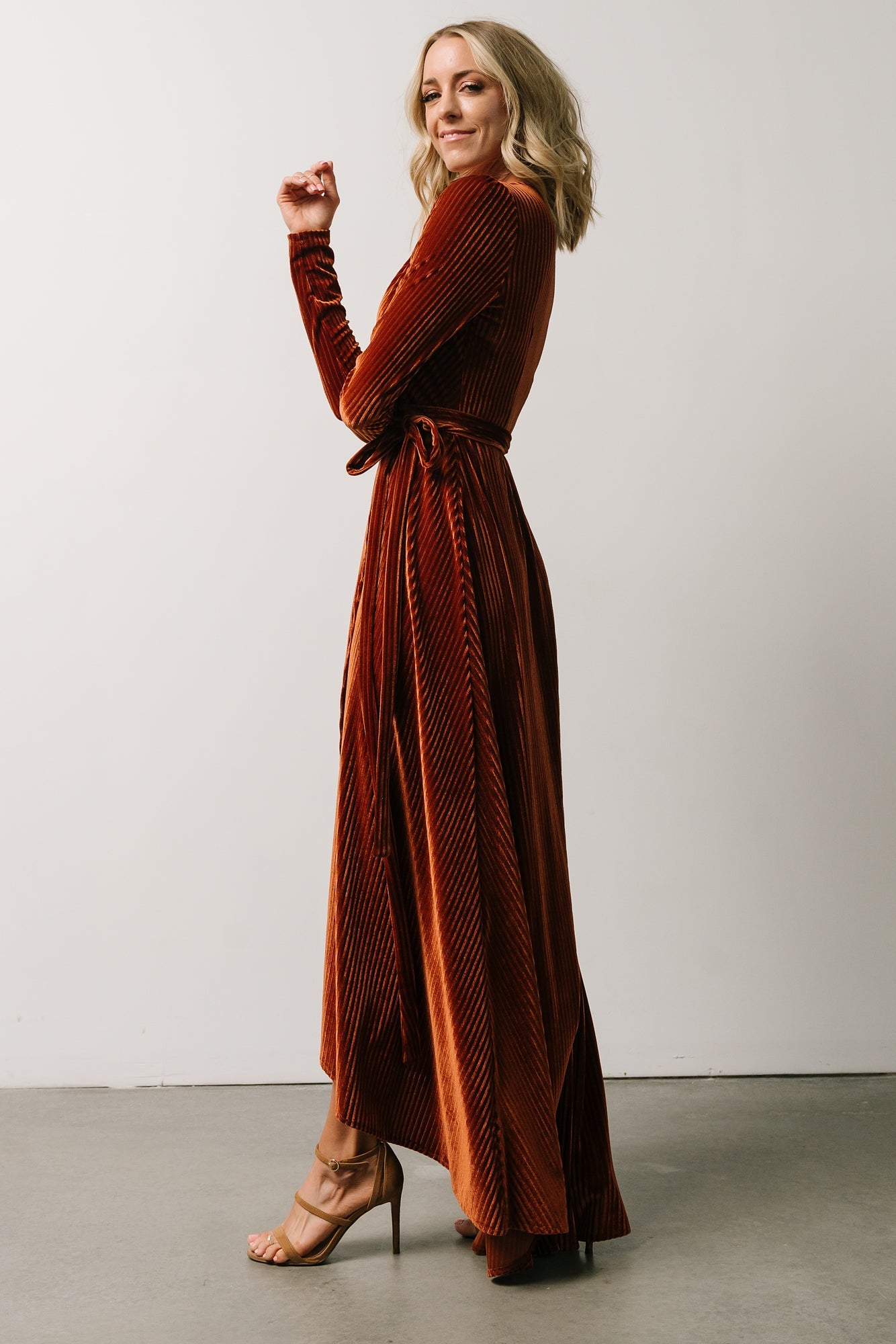 Jada Ribbed Velvet Wrap Dress | Copper | Baltic Born