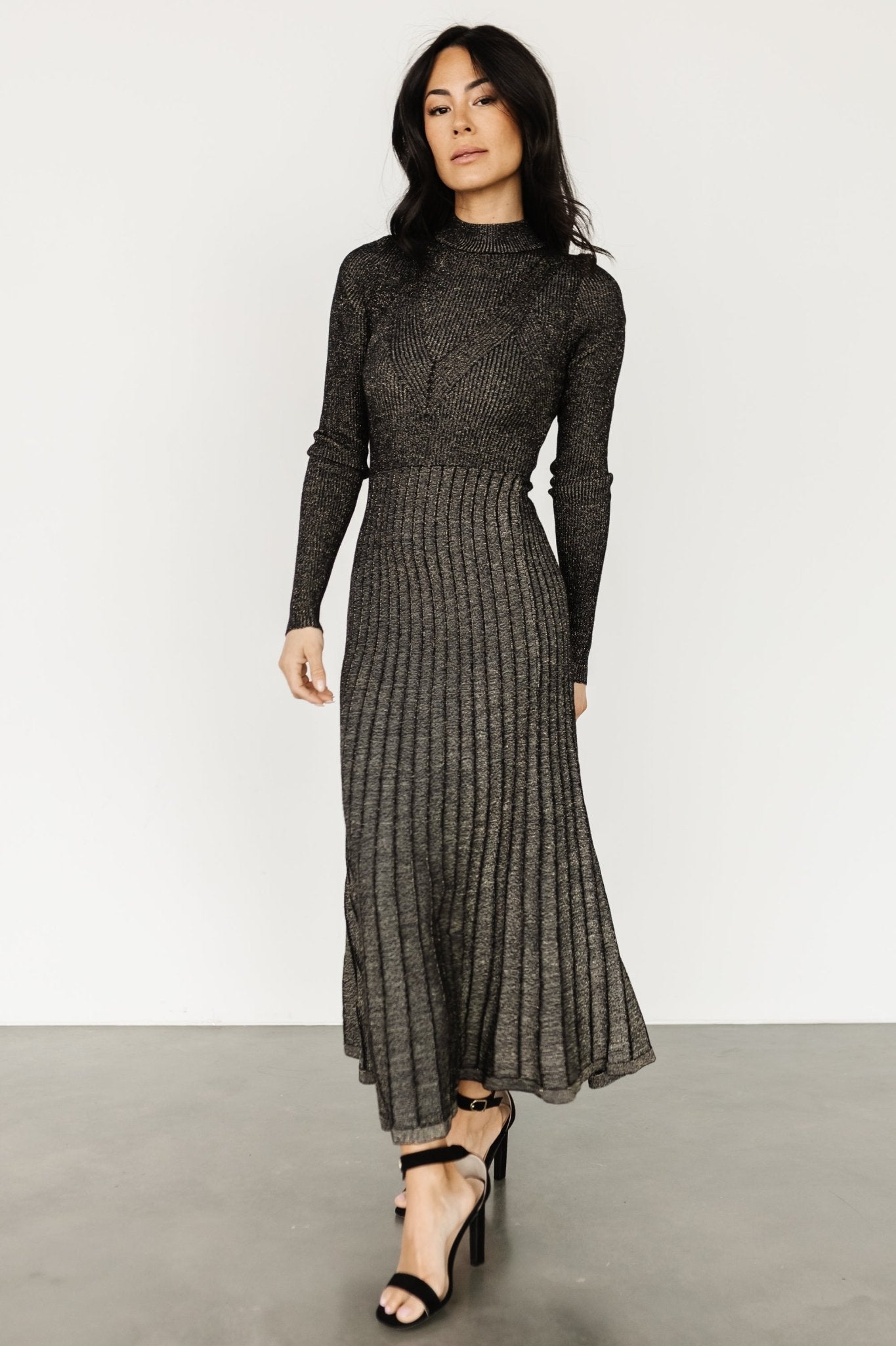 Jamelia Pleated Sweater Dress | Black + Gold