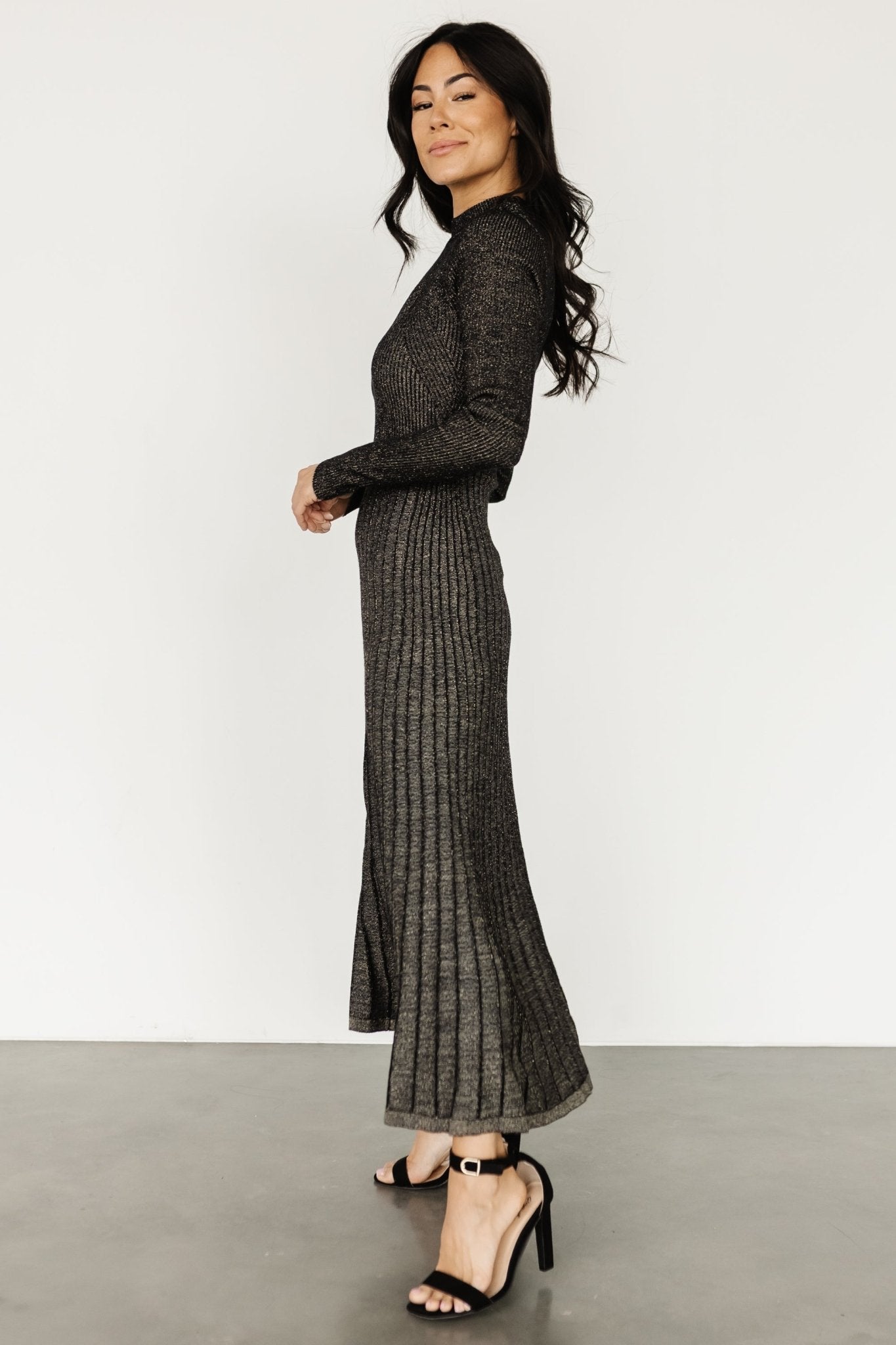 Jamelia Pleated Sweater Dress | Black + Gold