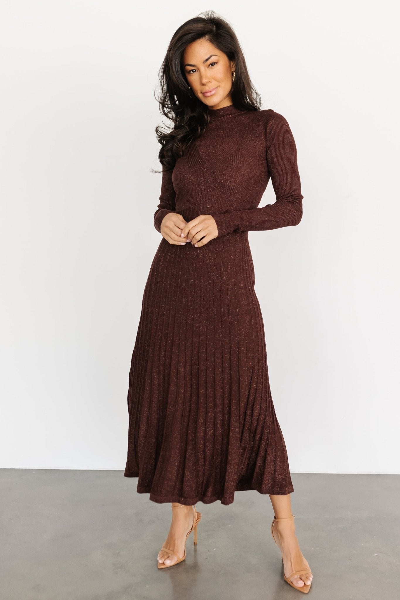 Jamelia Pleated Sweater Dress | Brown + Gold - Baltic Born