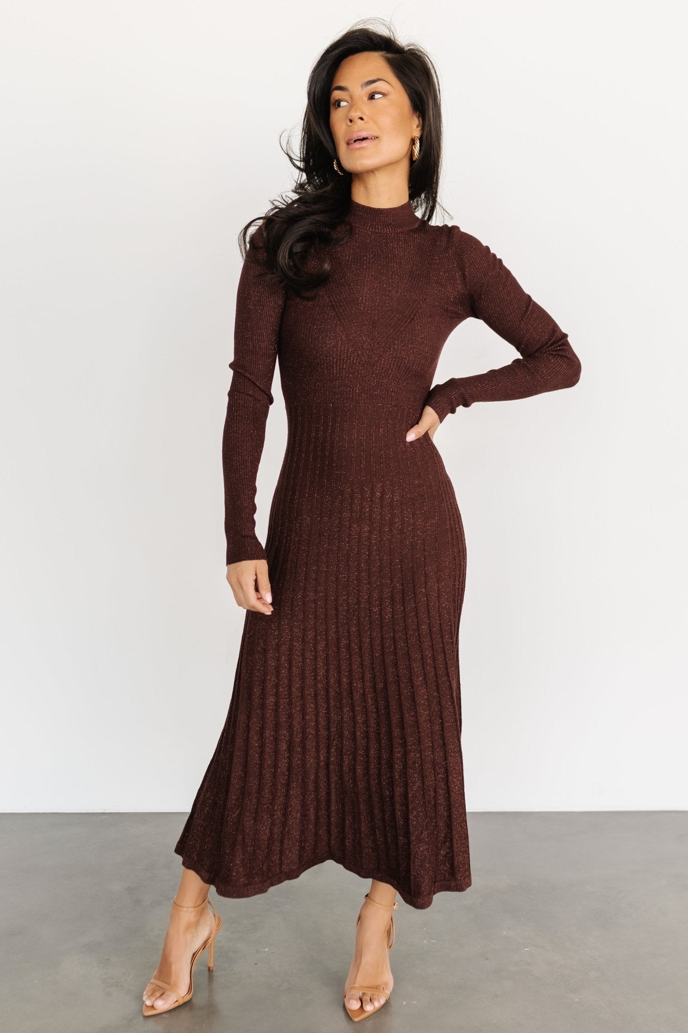 Jamelia Pleated Sweater Dress | Brown + Gold - Baltic Born