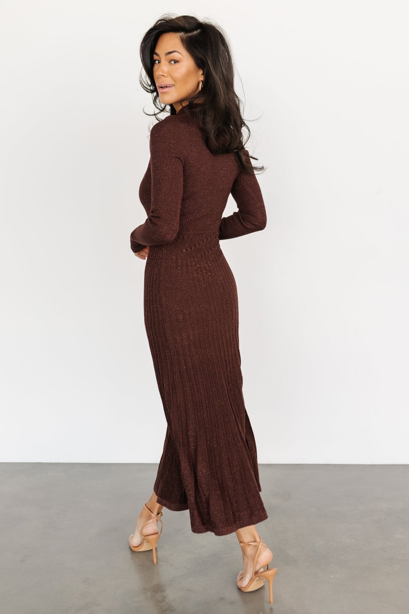 Jamelia Pleated Sweater Dress | Brown + Gold - Baltic Born