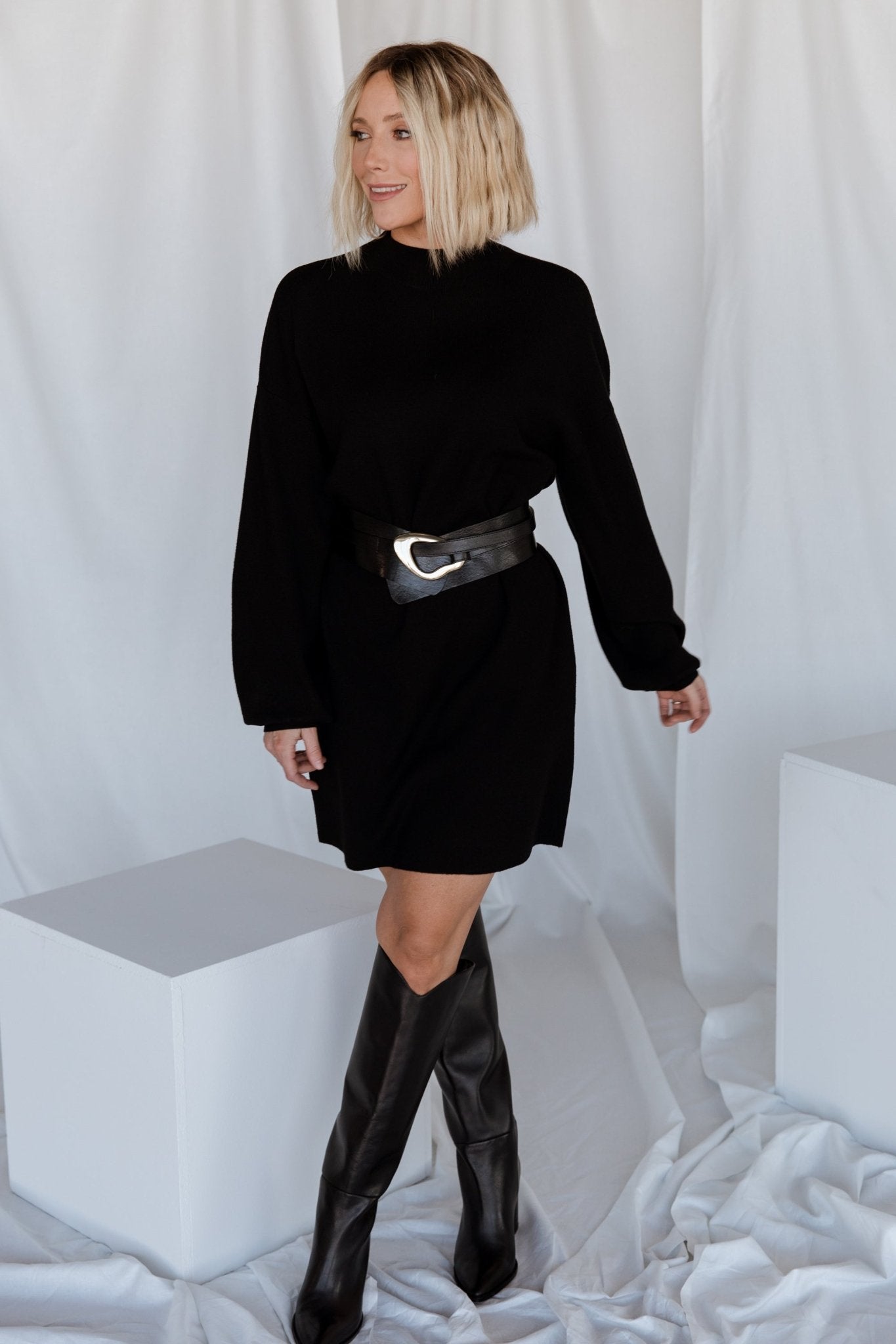 short sweater dress and boots How to Wear a Grey Turtleneck Sweater Dress