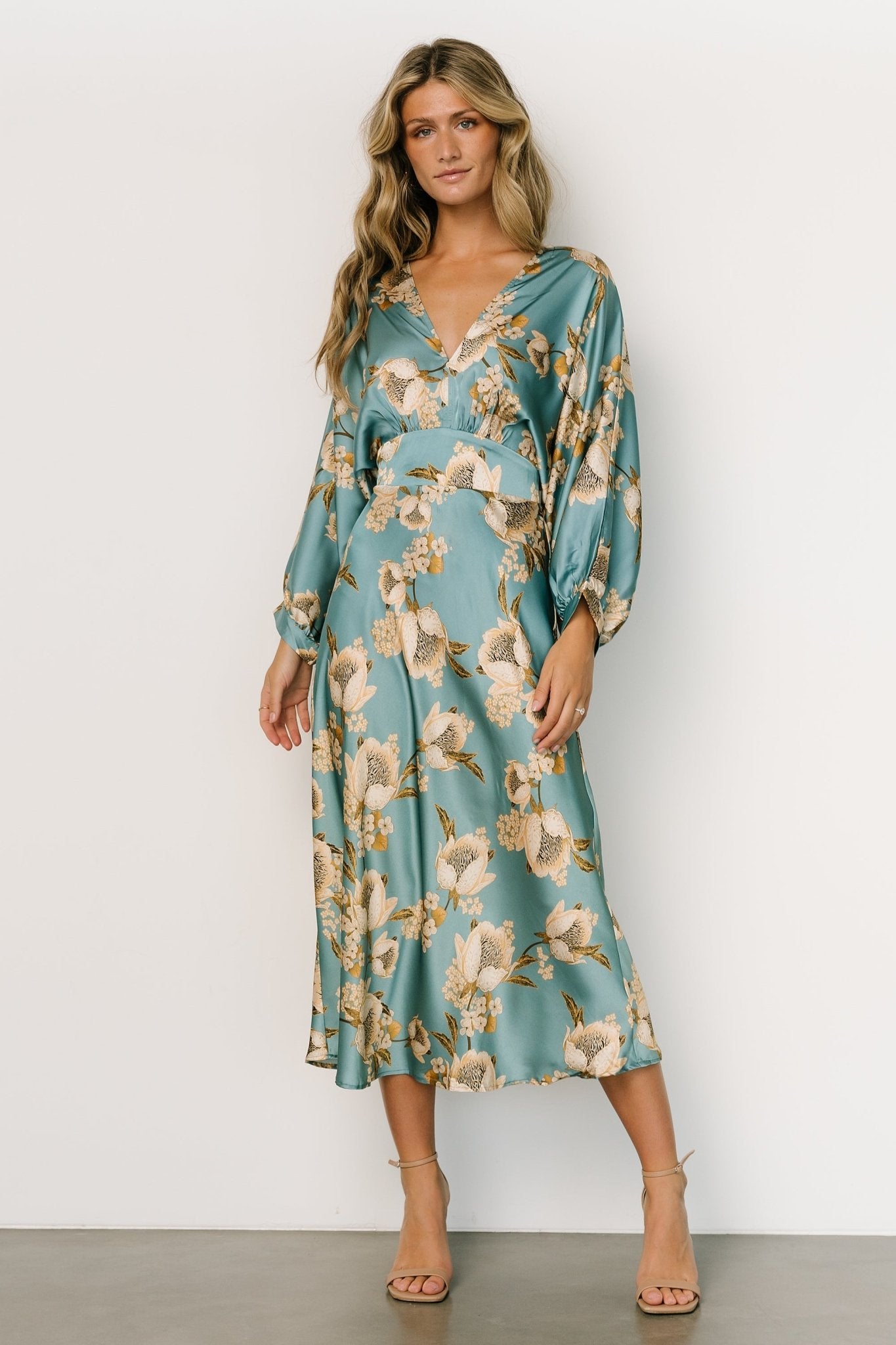 Baltic Born Womens Joni Satin Midi Dress | Blue Multi Baltic Born Womens Joni Satin Midi Dress | Blue Multi