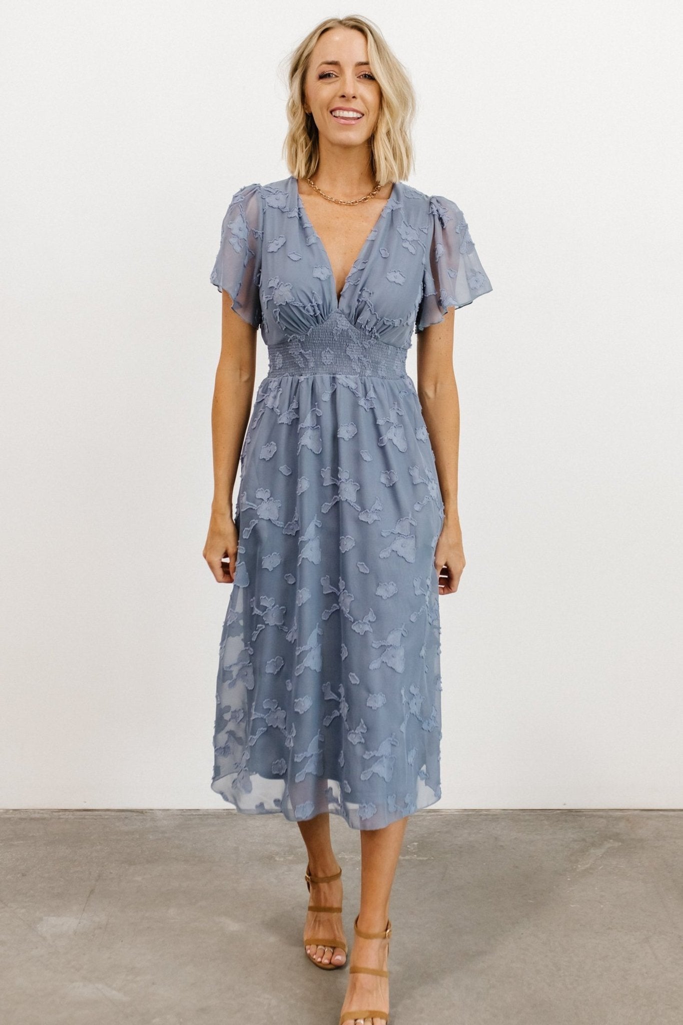 Baltic Born Womens June Smocked Midi Dress | Blue