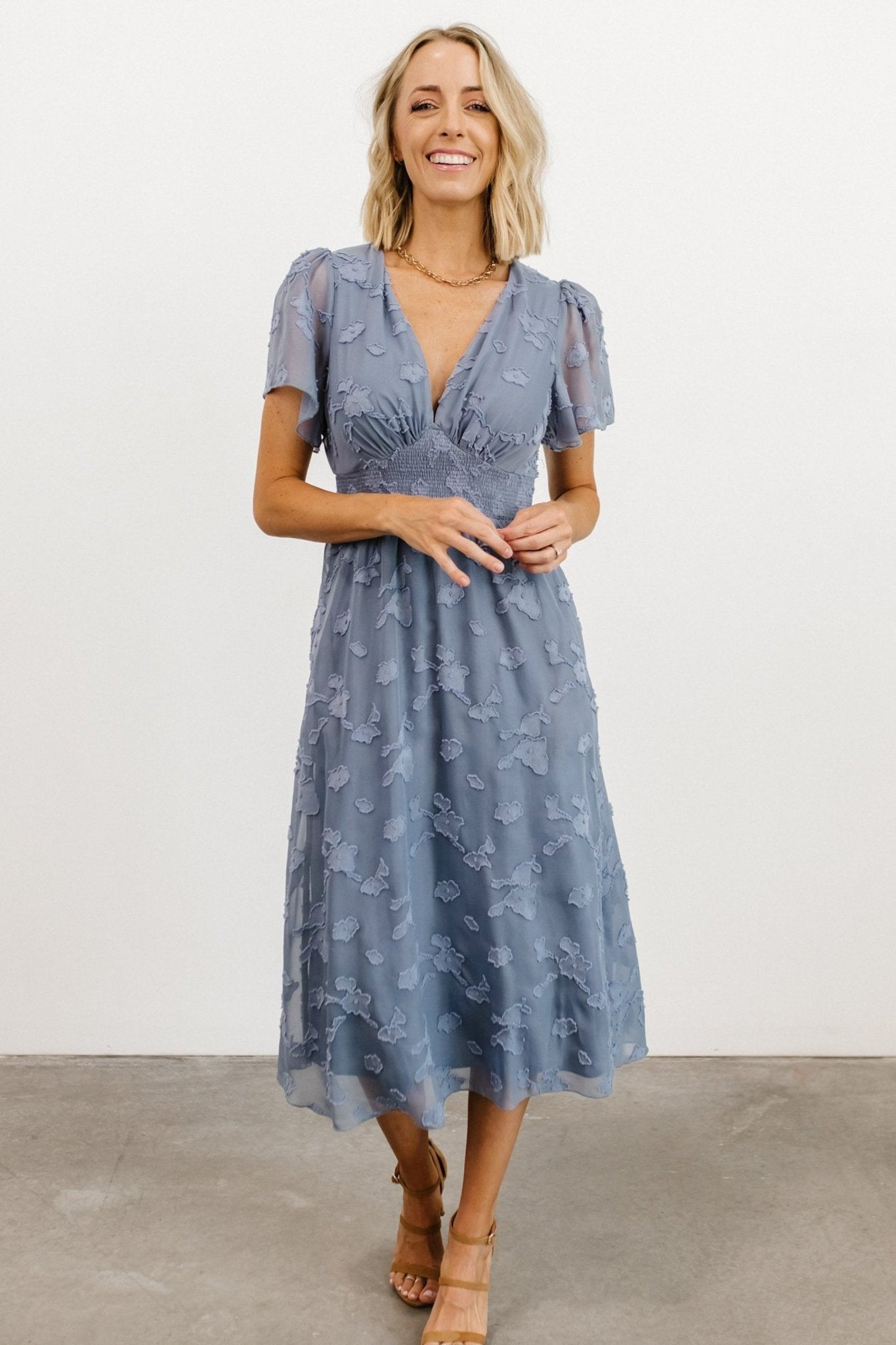 June Smocked Midi Dress Chiffon Midi in Blue | Baltic Born 3XL June Smocked Midi Dress Chiffon Midi in Blue | Baltic Born 3XL