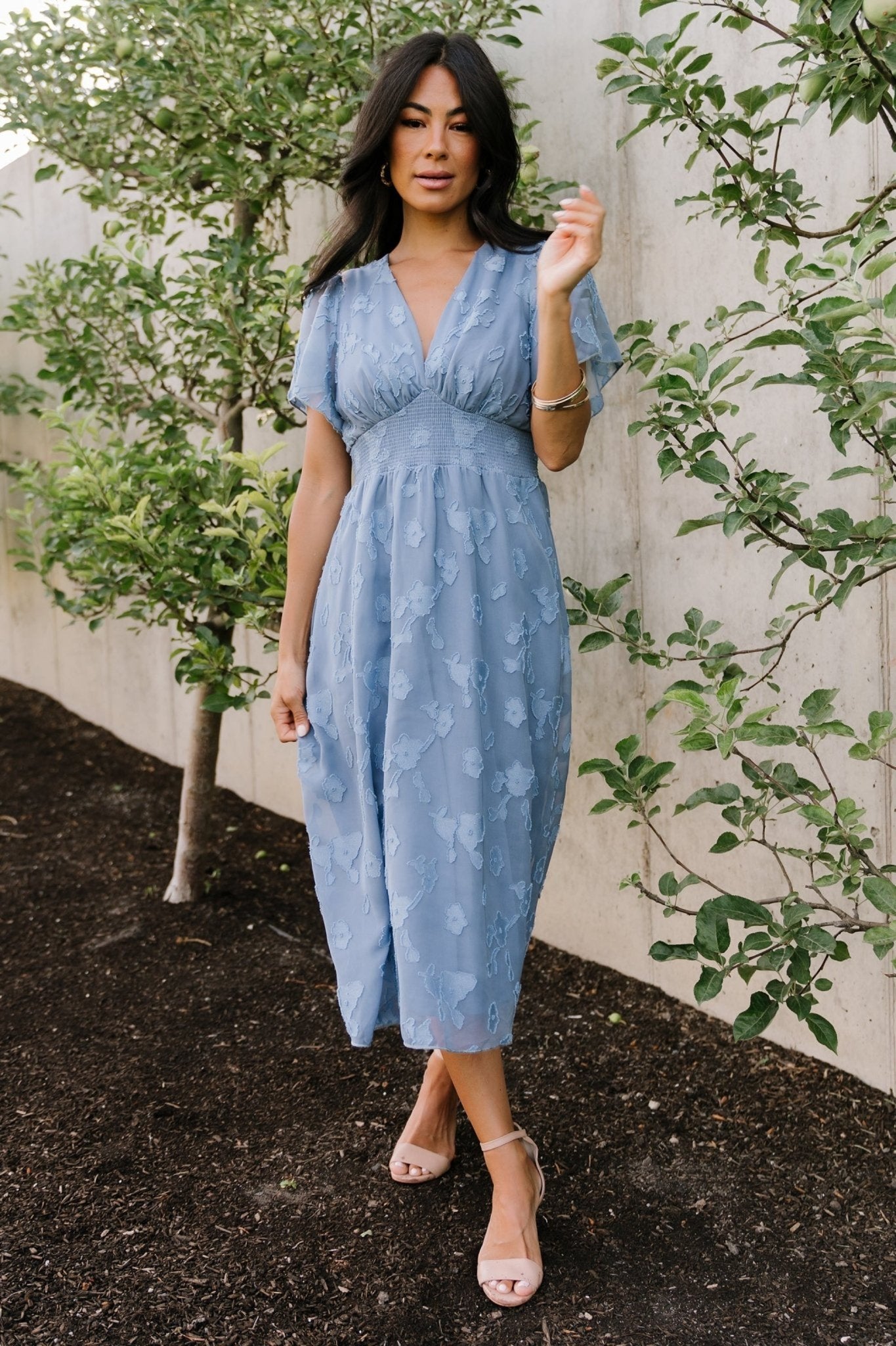 June Smocked Midi Dress Chiffon Midi in Blue | Baltic Born 3XL June Smocked Midi Dress Chiffon Midi in Blue | Baltic Born 3XL