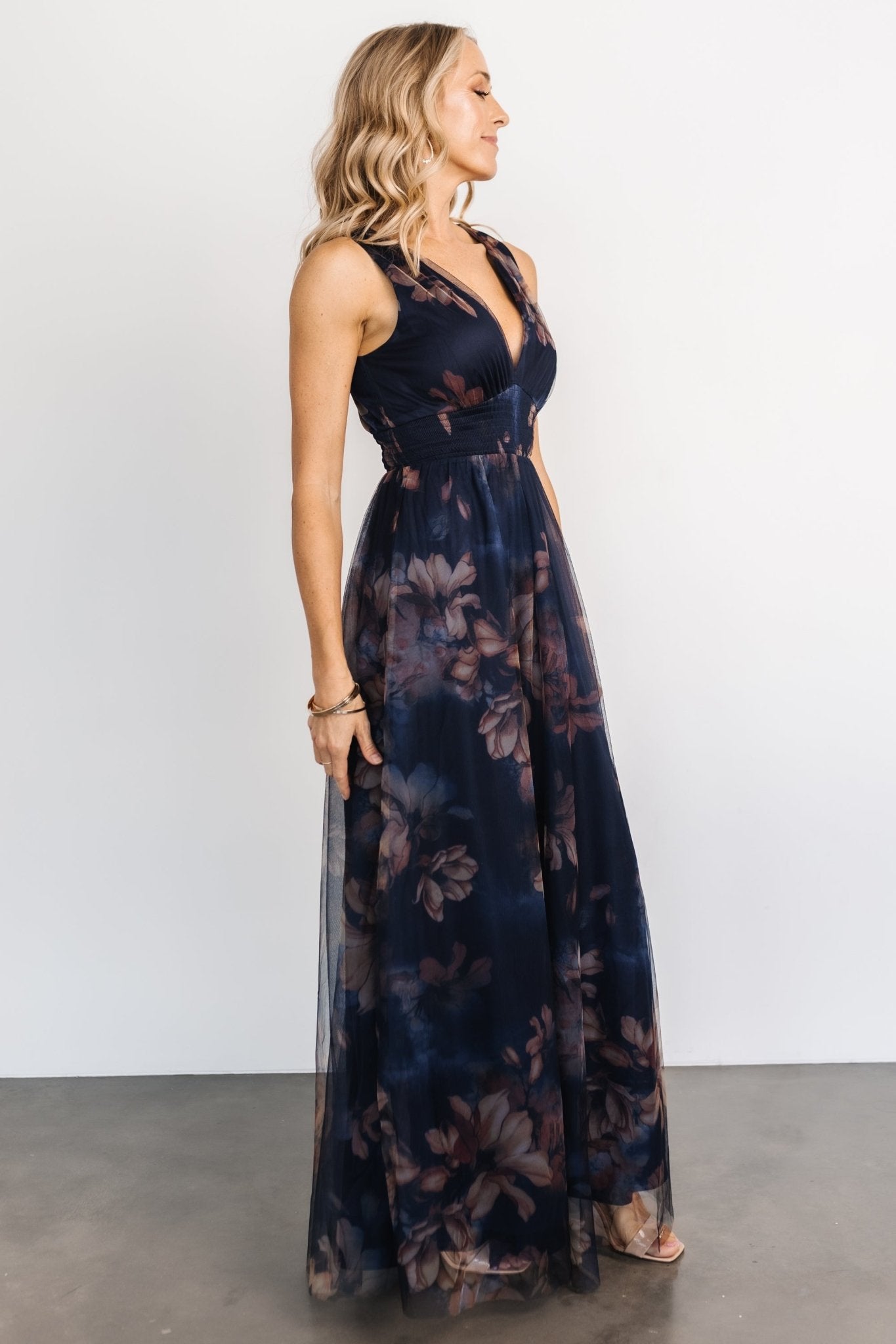 Kamila Tulle Maxi Dress, Dark Blue Floral | Baltic Born XS Kamila Tulle Maxi Dress, Dark Blue Floral | Baltic Born XS