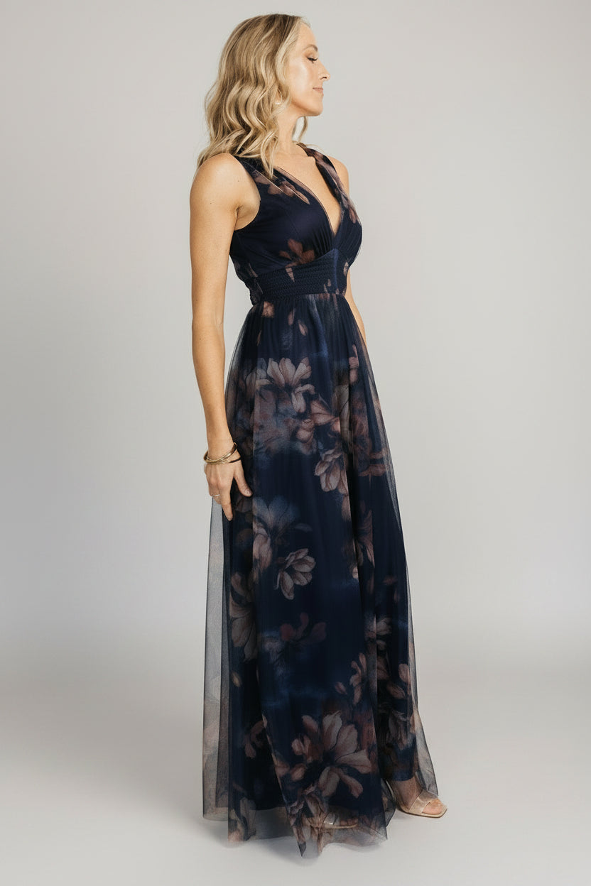 Kamila Tulle Maxi Dress, Dark Blue Floral
