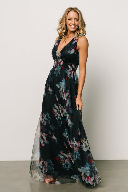 Kamila Tulle Maxi Dress | Navy Abstract Floral - Baltic Born