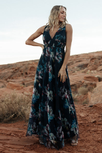 Kamila Tulle Maxi Dress | Navy Abstract Floral - Baltic Born