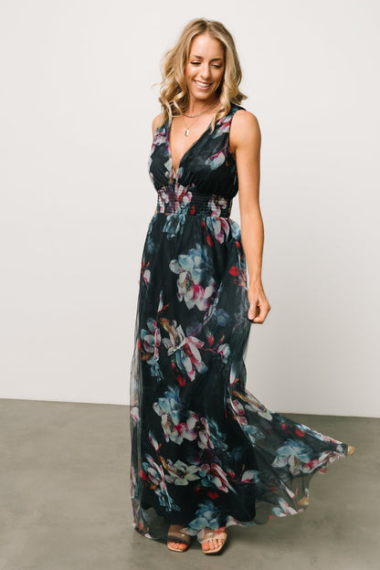 Kamila Tulle Maxi Dress | Navy Abstract Floral - Baltic Born