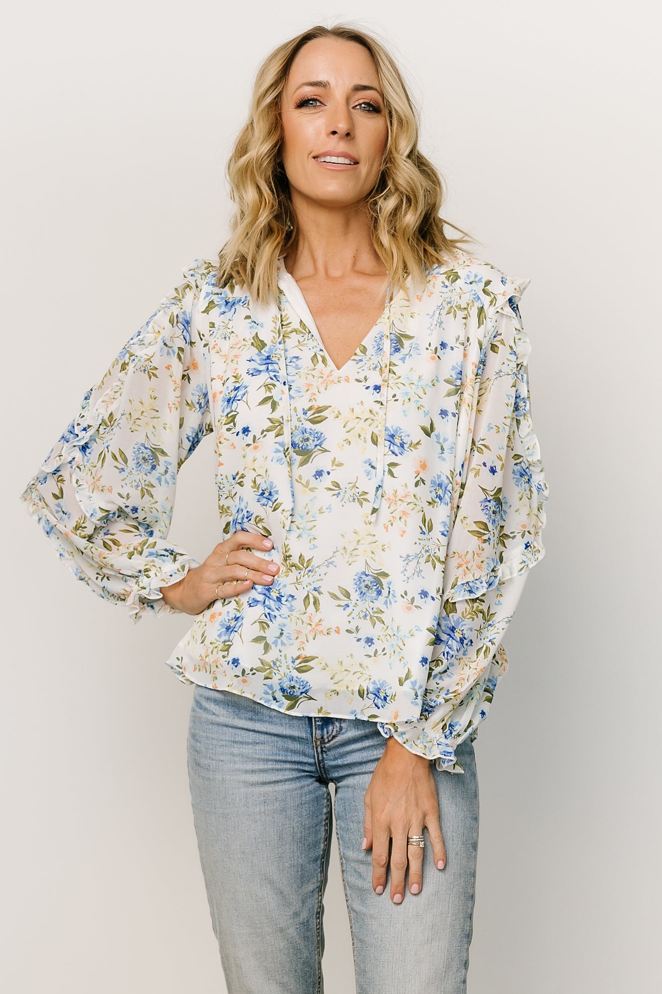 Karlie Long Sleeve Ruffle Top | Blue Floral - Baltic Born