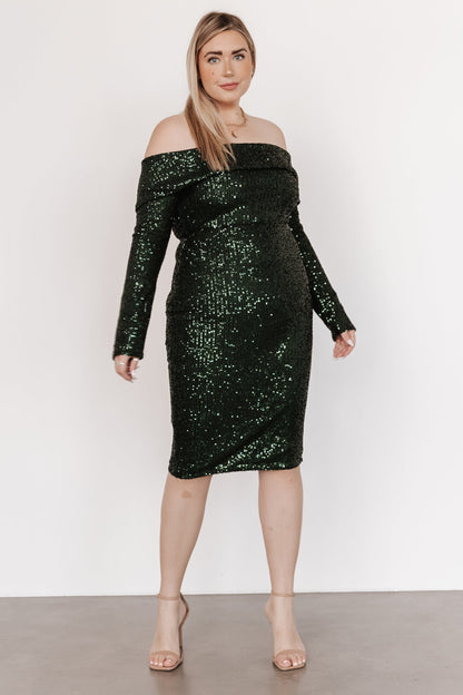 Karma Off Shoulder Sequin Midi Dress | Dark Green - Baltic Born