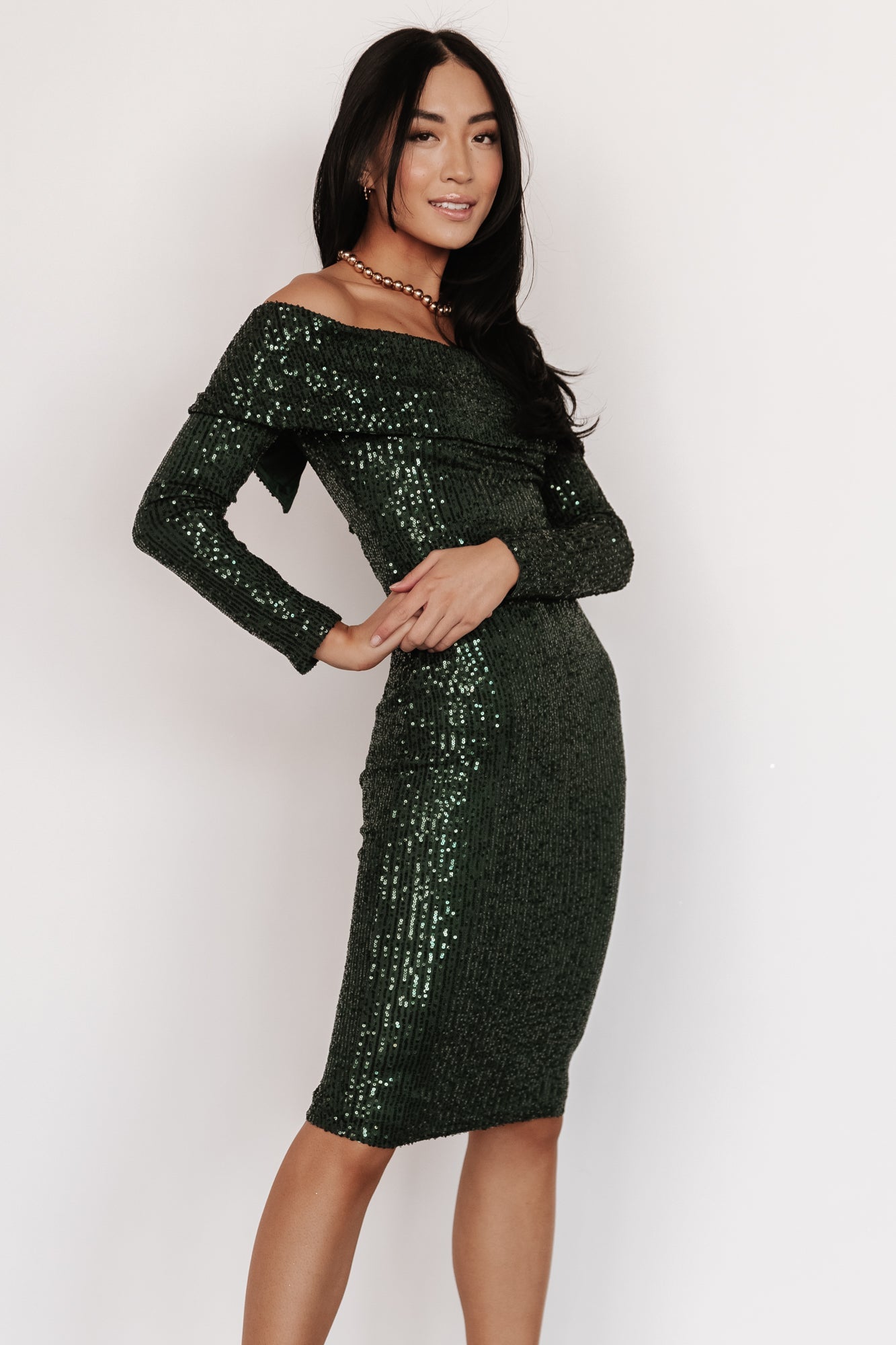 Karma Off Shoulder Sequin Midi Dress | Dark Green - Baltic Born