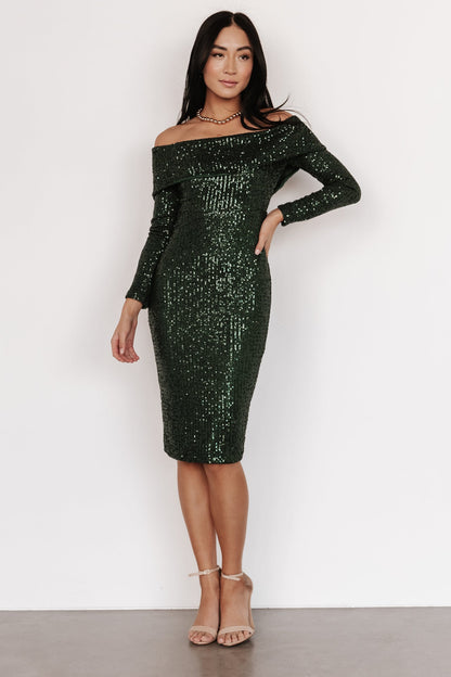 Karma Off Shoulder Sequin Midi Dress | Dark Green - Baltic Born