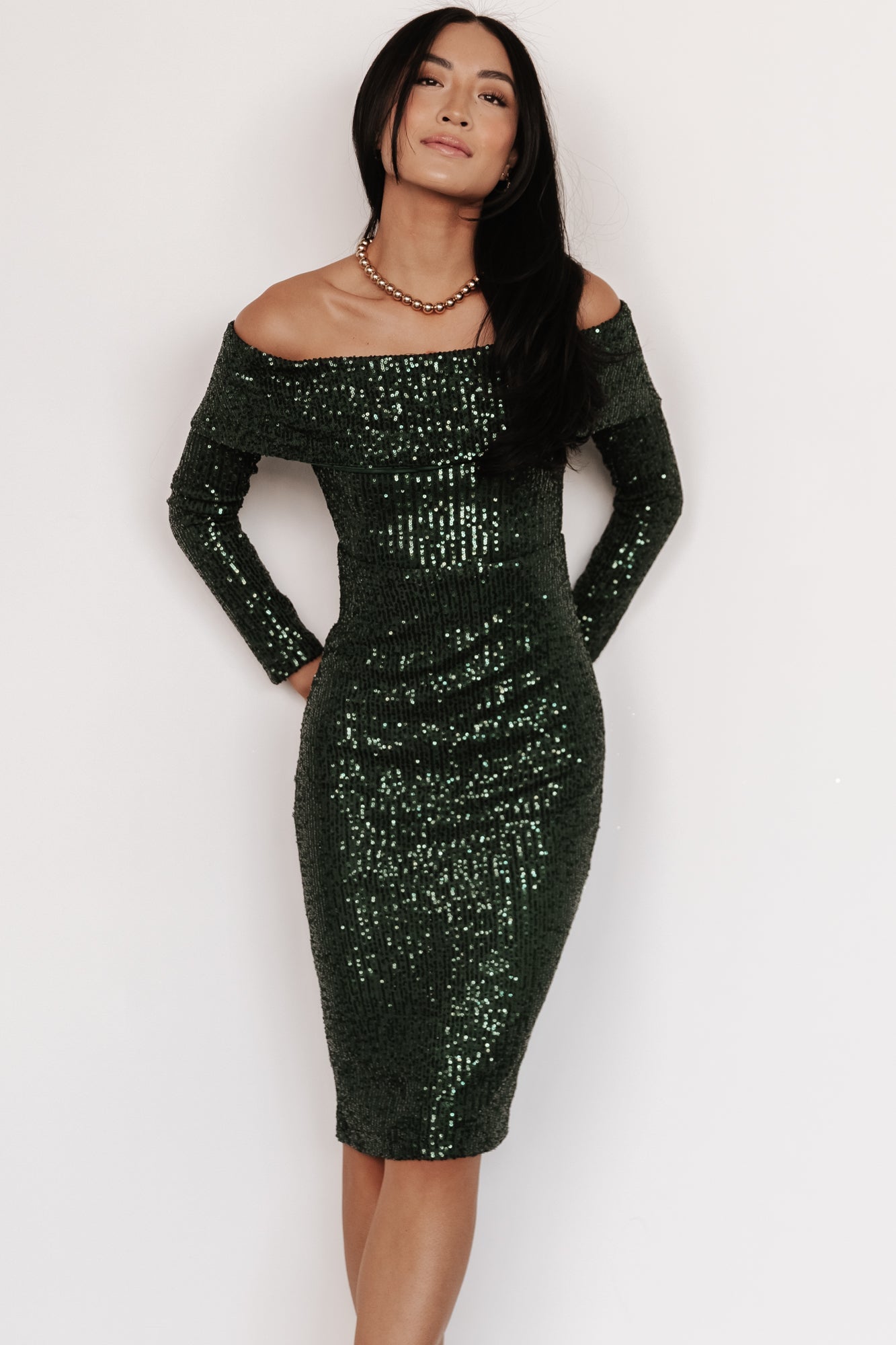 Karma Off Shoulder Sequin Midi Dress | Dark Green - Baltic Born