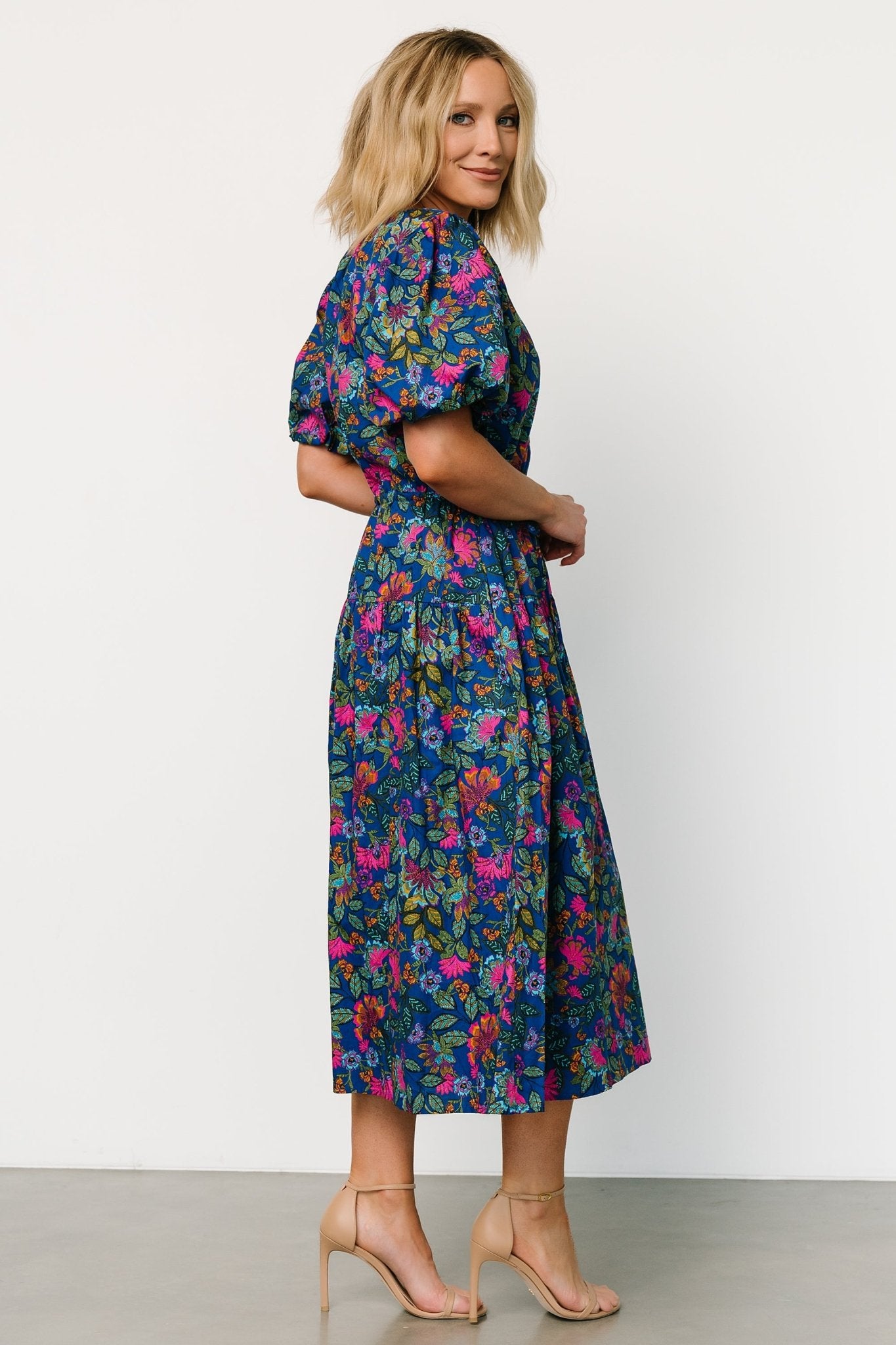 Karol Puff Sleeve Midi Dress | Blue Multi - Baltic Born