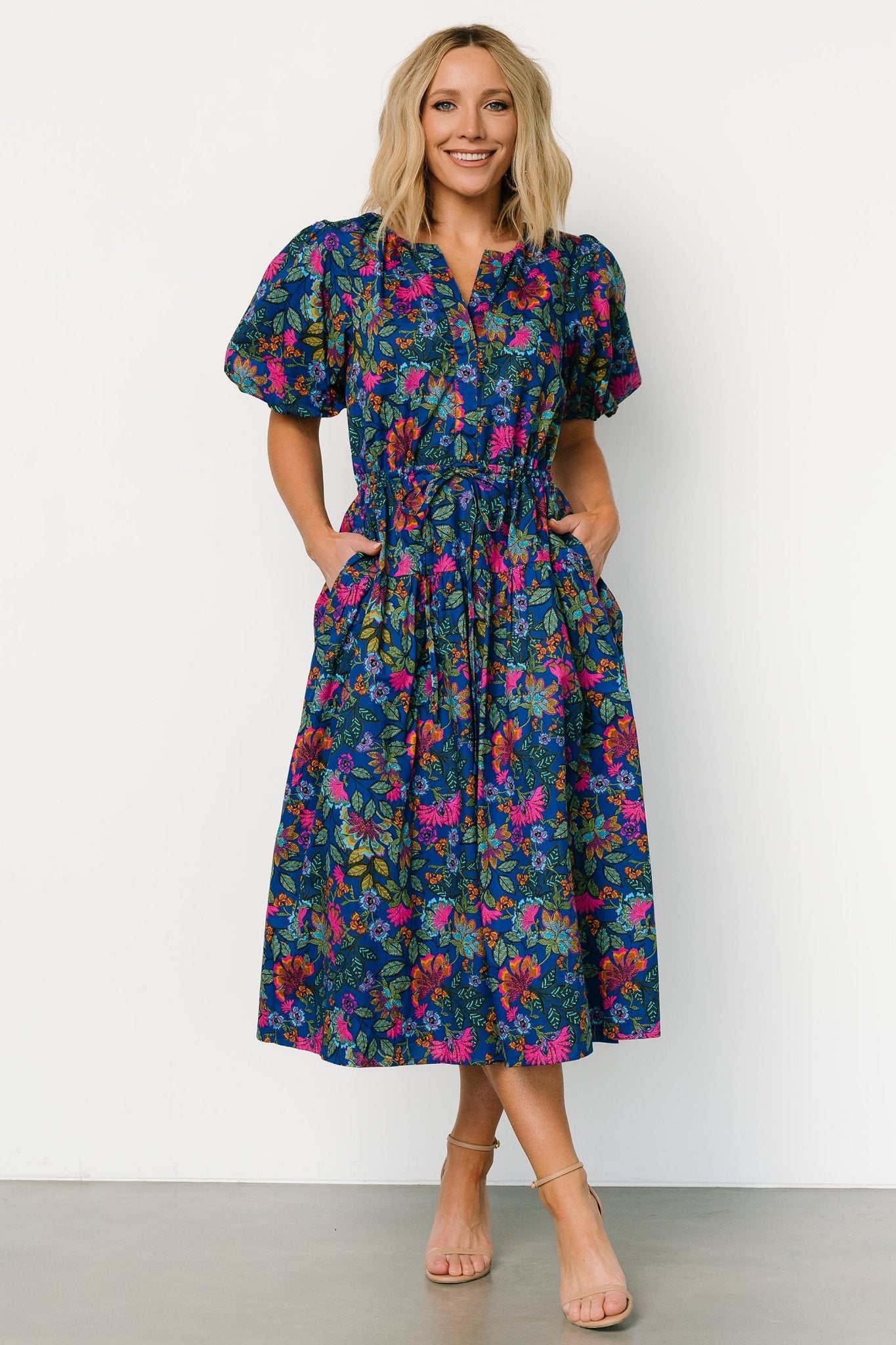 Karol Puff Sleeve Midi Dress | Blue Multi - Baltic Born