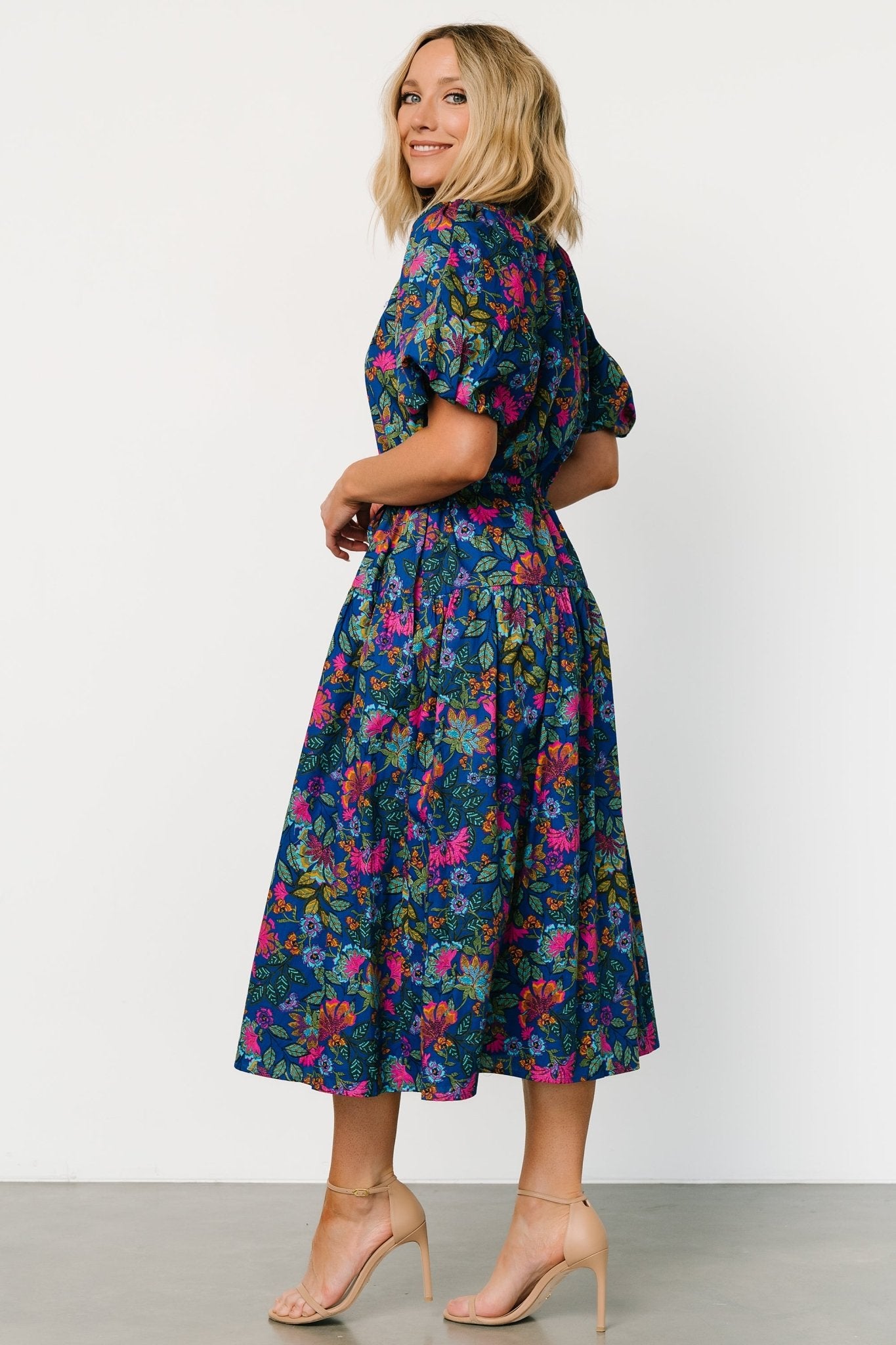 Karol Puff Sleeve Midi Dress | Blue Multi - Baltic Born