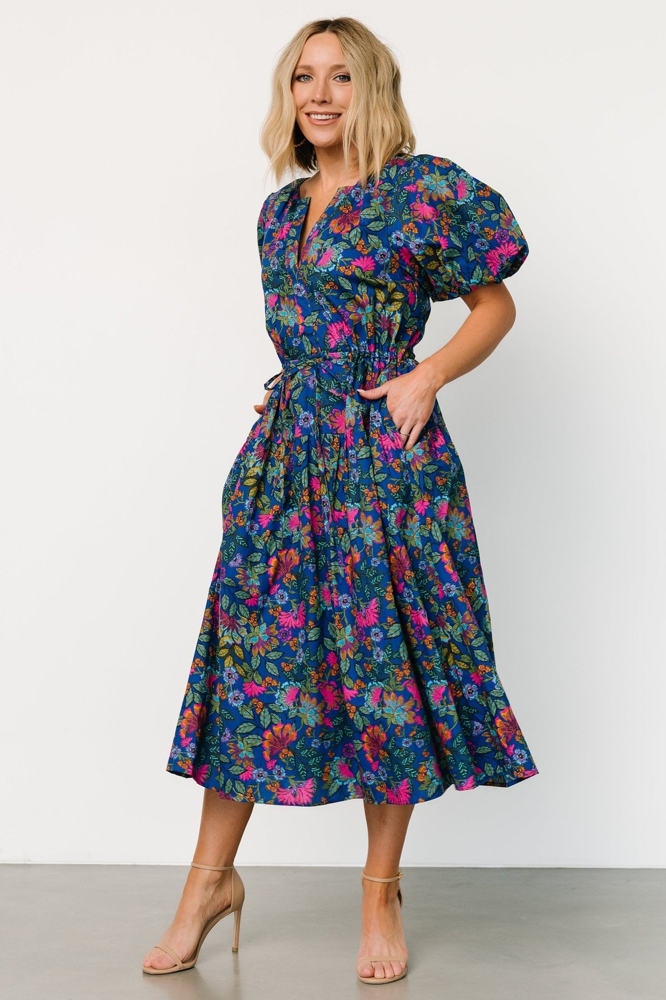 Karol Puff Sleeve Midi Dress | Blue Multi - Baltic Born